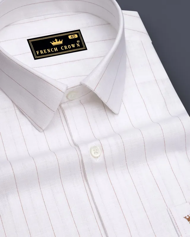 Prestige-Bright White And Cocoa Brown Pin Striped Luxurious Linen Dress Shirt made by French Crown