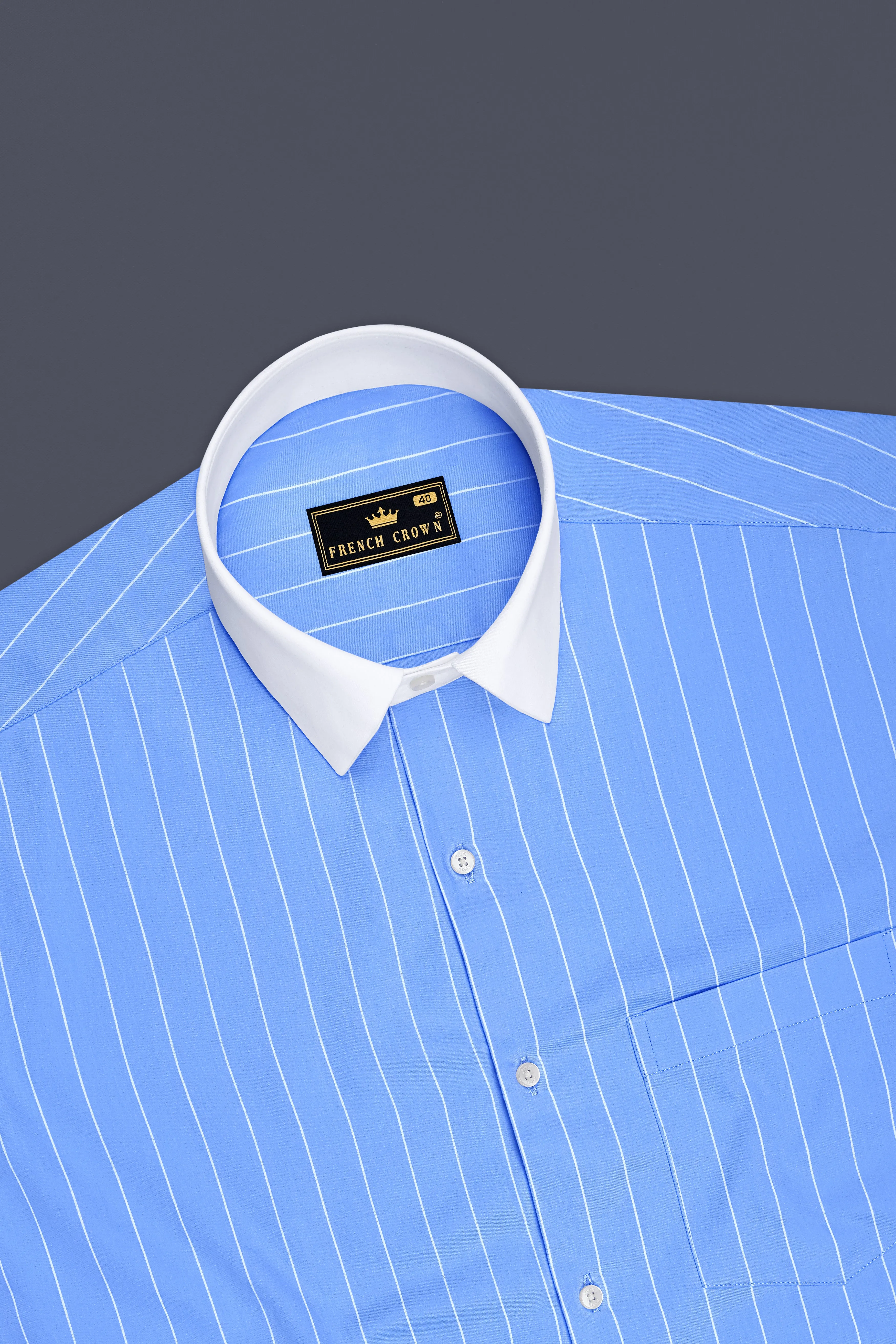 Elaris-Periwinkle Blue And Bright White Pin Striped Subtle Sheen Premium Cotton White Cuff Collar Dress Shirt sold by French Crown product image thumbnail 5