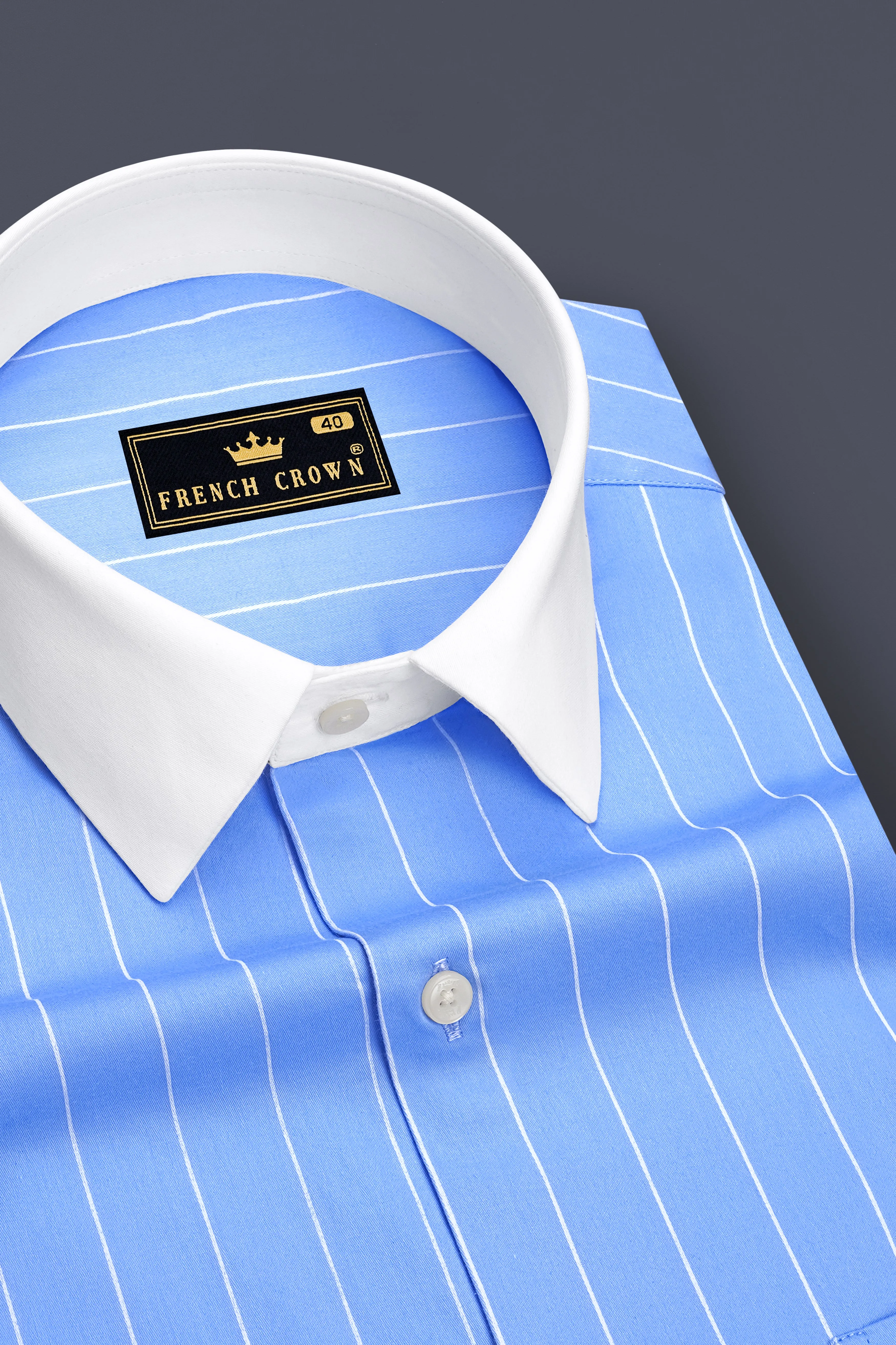 Elaris-Periwinkle Blue And Bright White Pin Striped Subtle Sheen Premium Cotton White Cuff Collar Dress Shirt sold by French Crown product image thumbnail 4