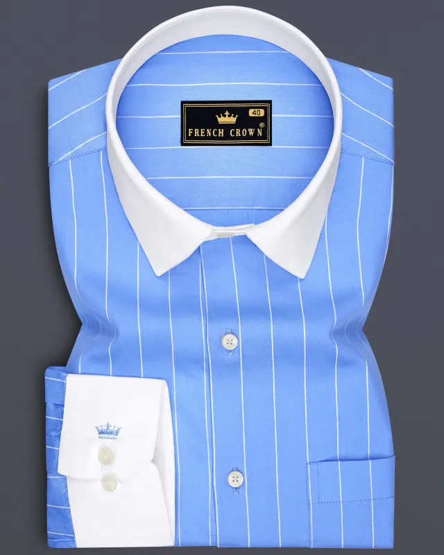 Elaris-Periwinkle Blue And Bright White Pin Striped Subtle Sheen Premium Cotton White Cuff Collar Dress Shirt made by French Crown