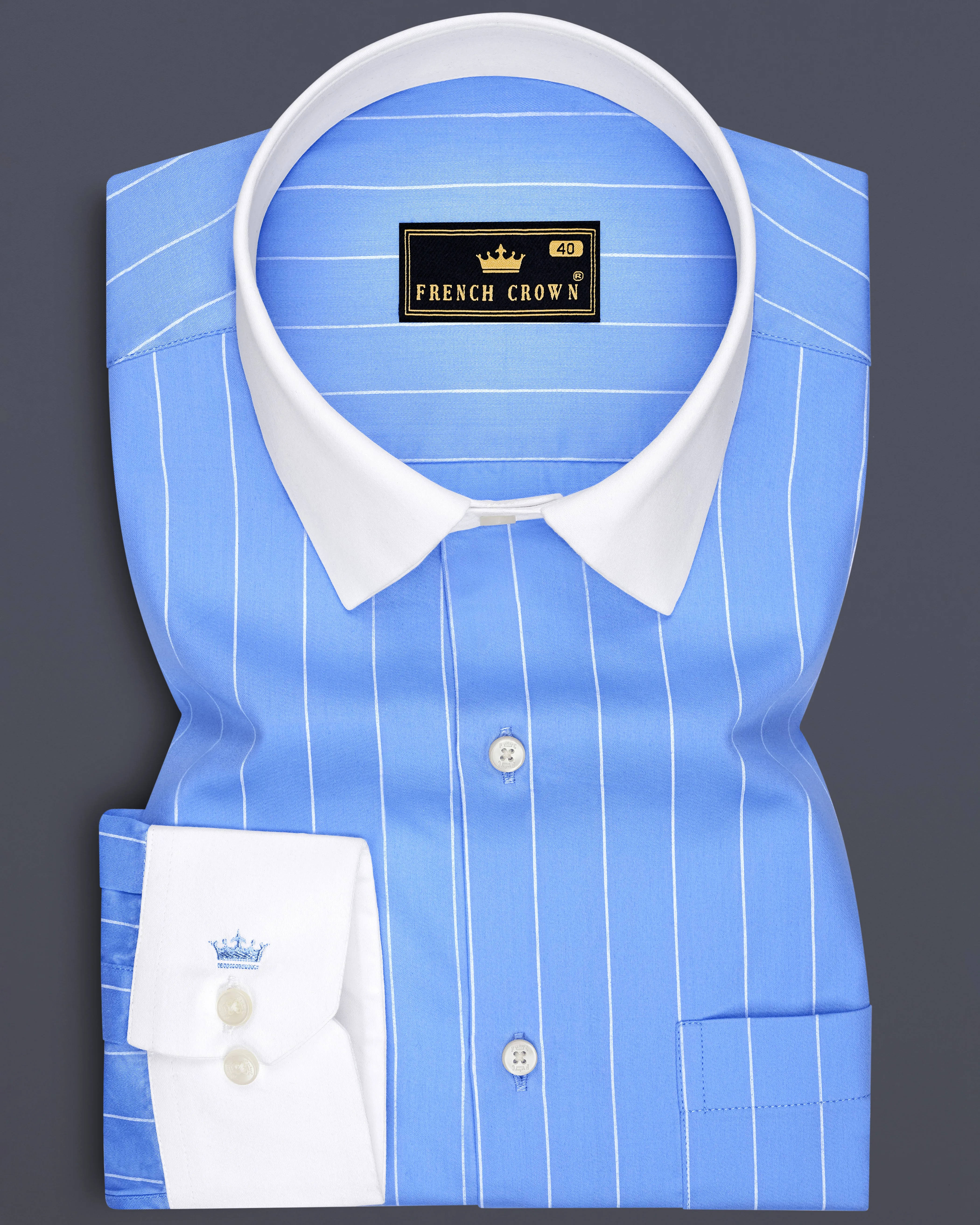 Elaris-Periwinkle Blue And Bright White Pin Striped Subtle Sheen Premium Cotton White Cuff Collar Dress Shirt sold by French Crown