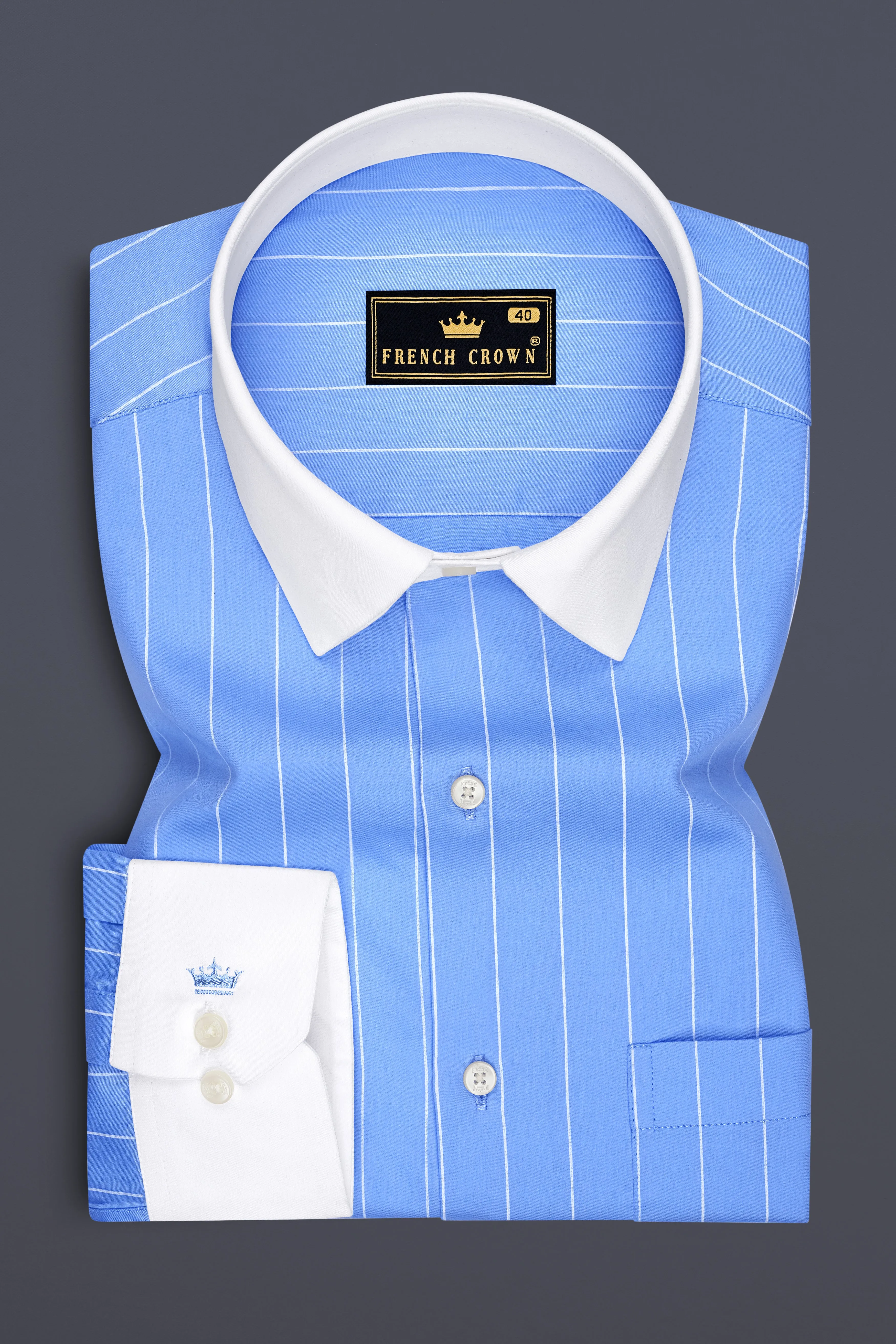 Elaris-Periwinkle Blue And Bright White Pin Striped Subtle Sheen Premium Cotton White Cuff Collar Dress Shirt sold by French Crown product image thumbnail 2