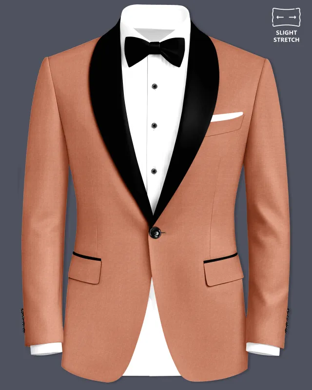 Terracotta-Salmon Brown Diamond Textured Wool Rich Slight Stretch Tuxedo Blazer made by French Crown