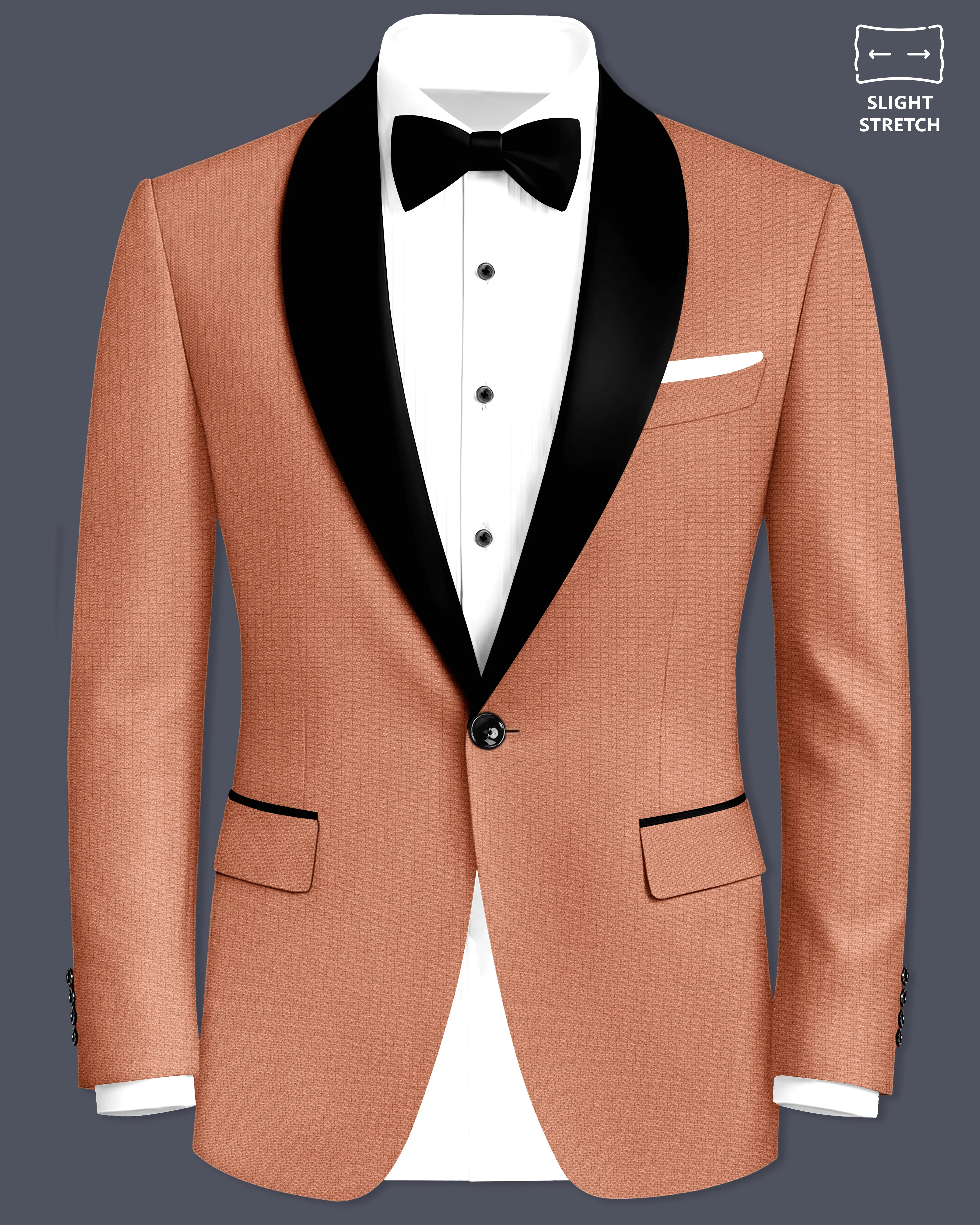 Terracotta-Salmon Brown Diamond Textured Wool Rich Slight Stretch Tuxedo Blazer sold by French Crown