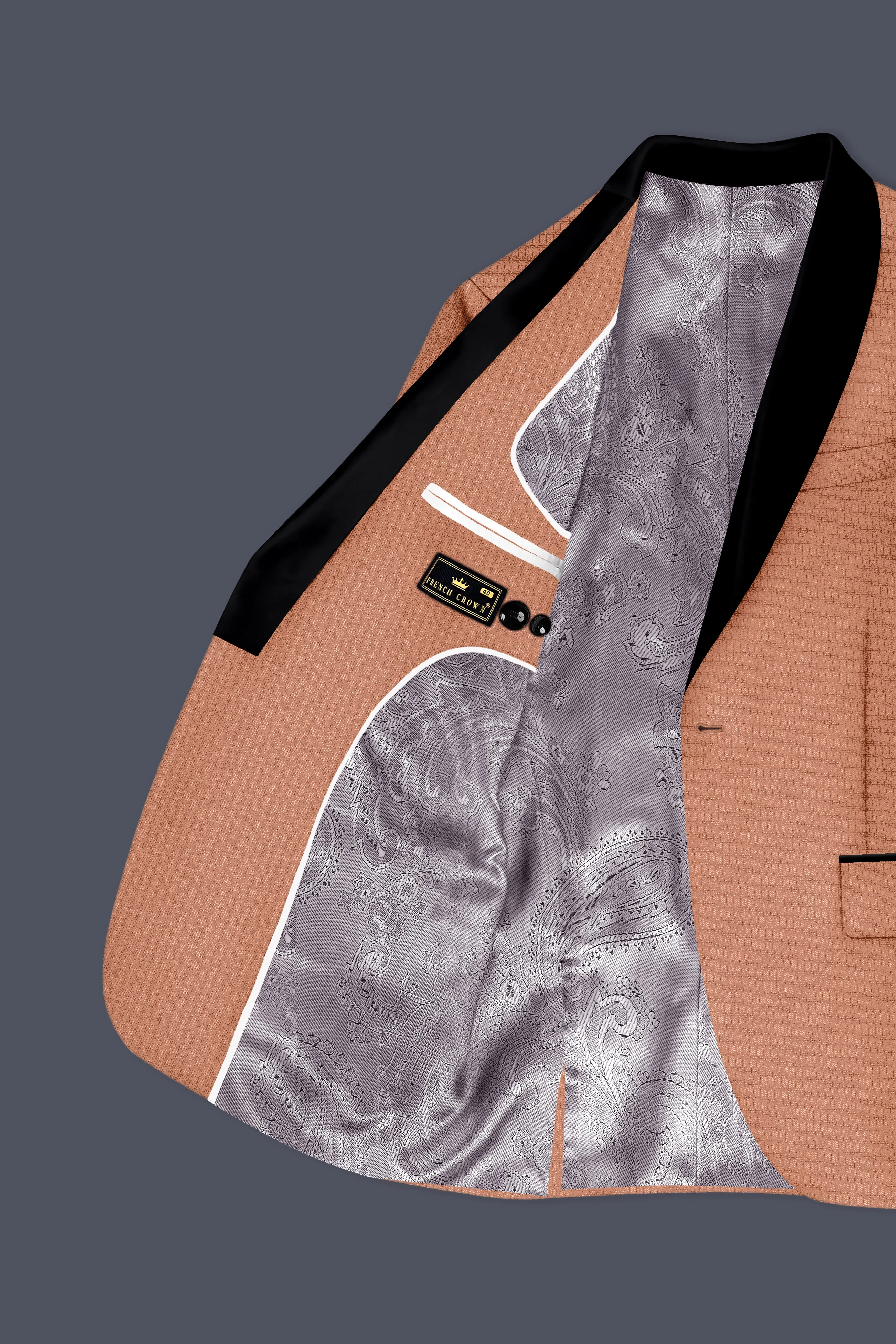 Terracotta-Salmon Brown Diamond Textured Wool Rich Slight Stretch Tuxedo Blazer sold by French Crown product image thumbnail 5