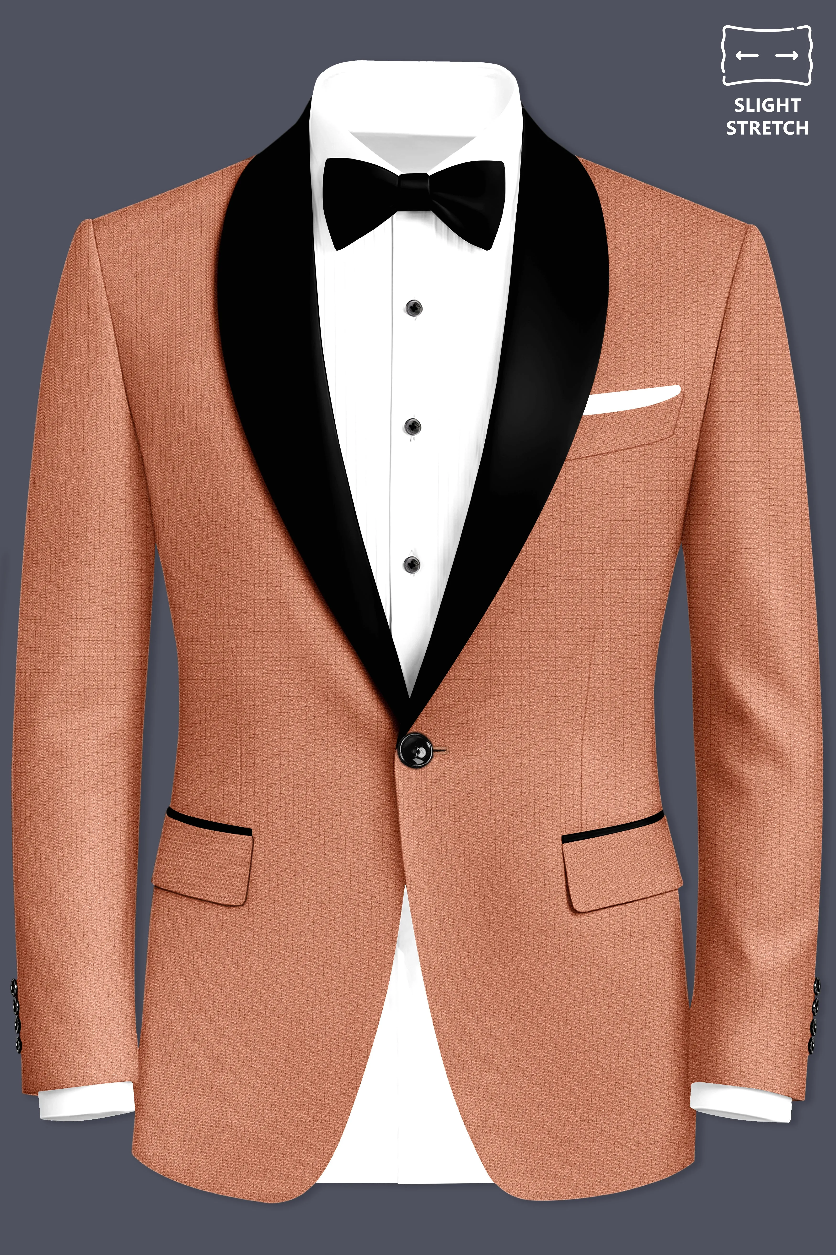 Terracotta-Salmon Brown Diamond Textured Wool Rich Slight Stretch Tuxedo Blazer sold by French Crown product image thumbnail 2
