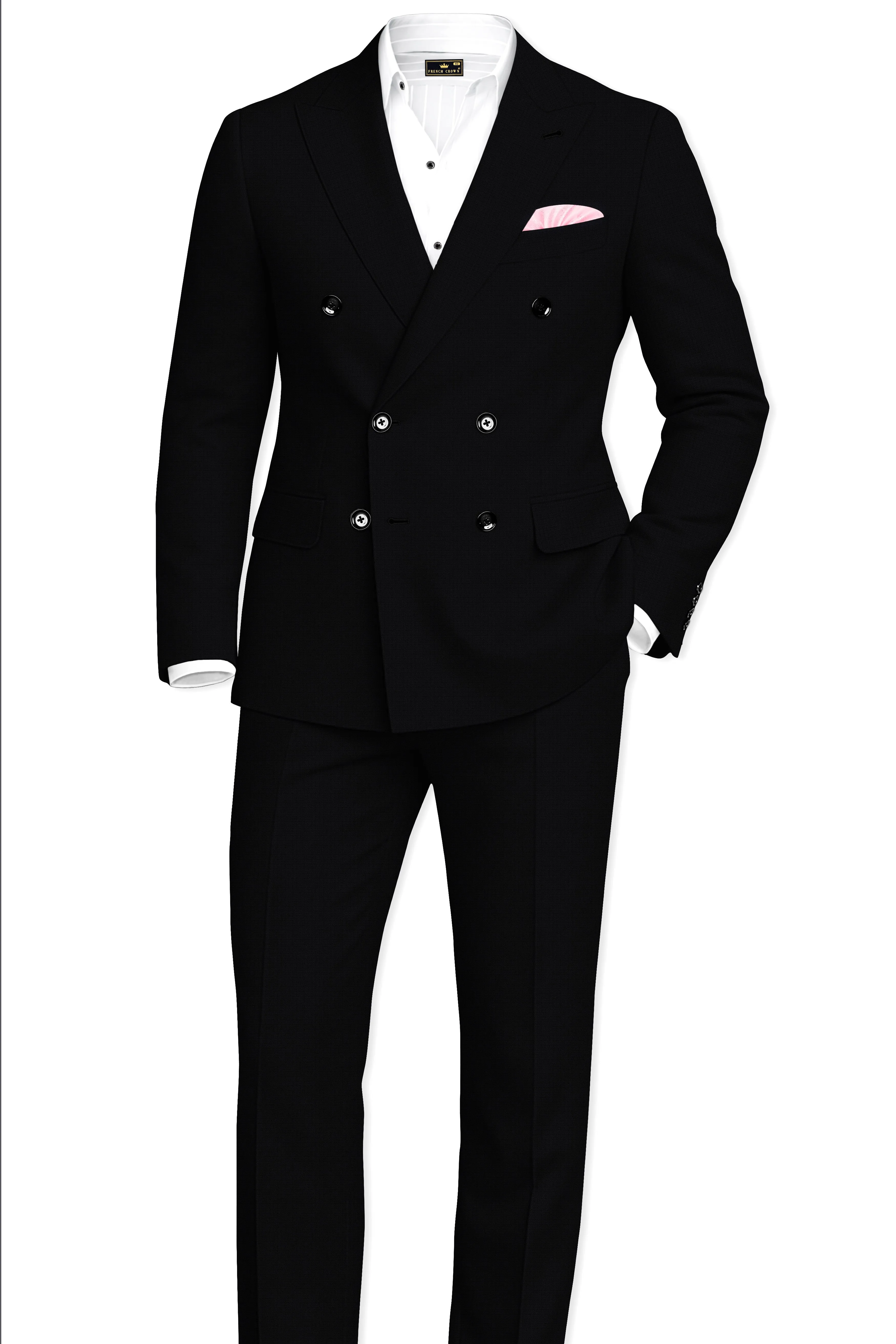 Obsidian-Jade Black Diamond Textured Wool Rich Slight Stretch Double Breasted Suit sold by French Crown product image thumbnail 4