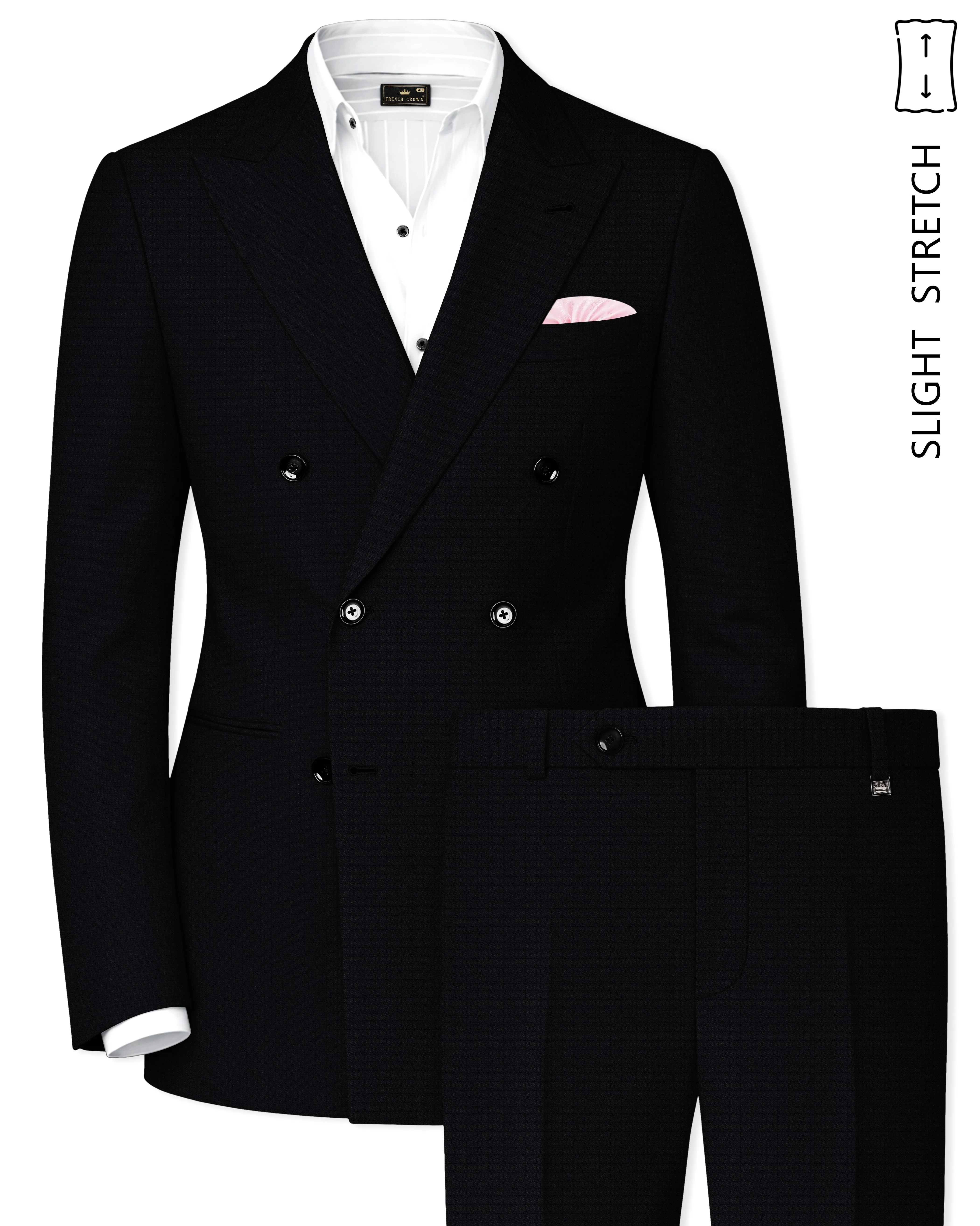 Obsidian-Jade Black Diamond Textured Wool Rich Slight Stretch Double Breasted Suit sold by French Crown