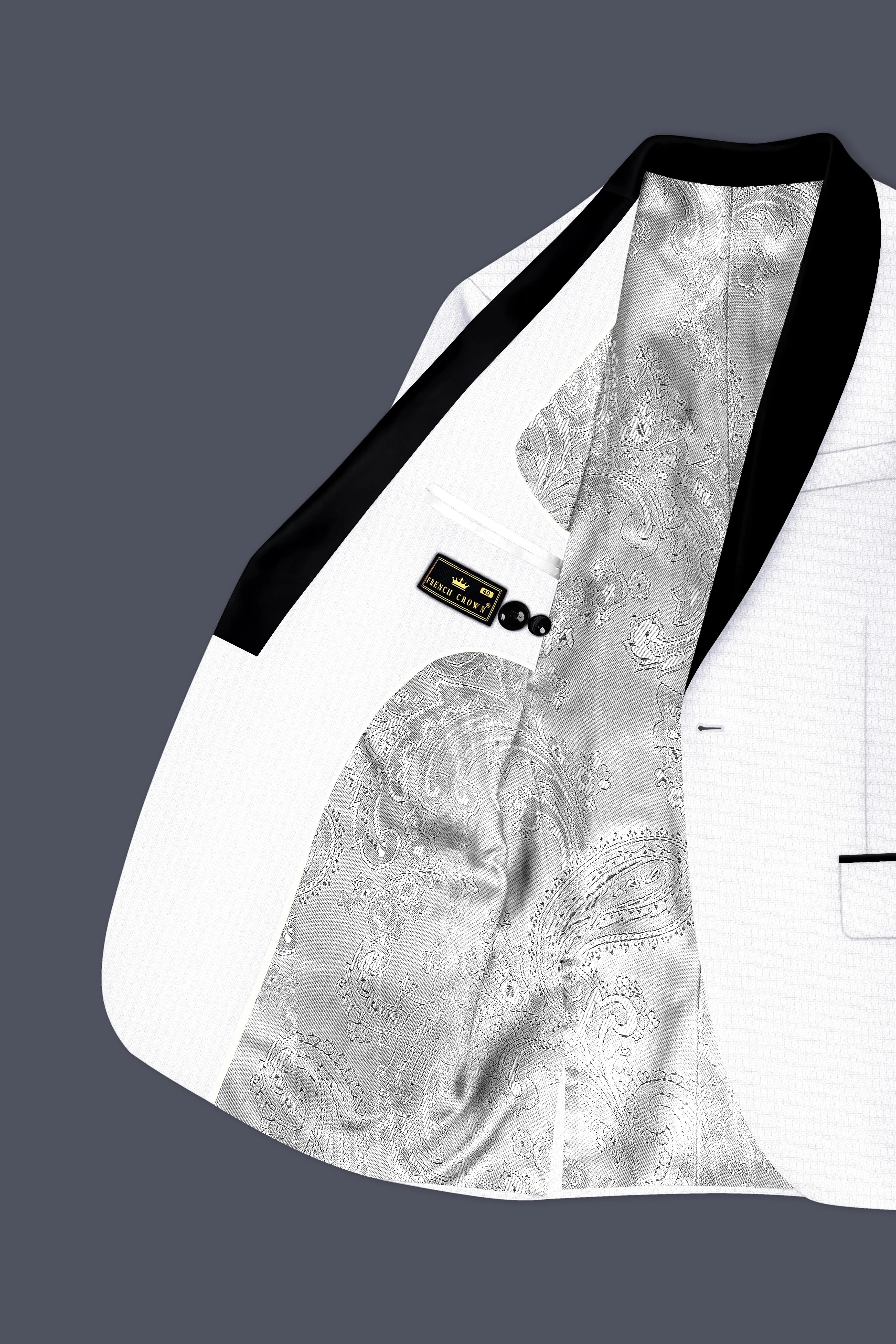 Porcelain-Bright White Diamond Textured Wool Rich Slight Stretch Tuxedo Blazer sold by French Crown product image thumbnail 5