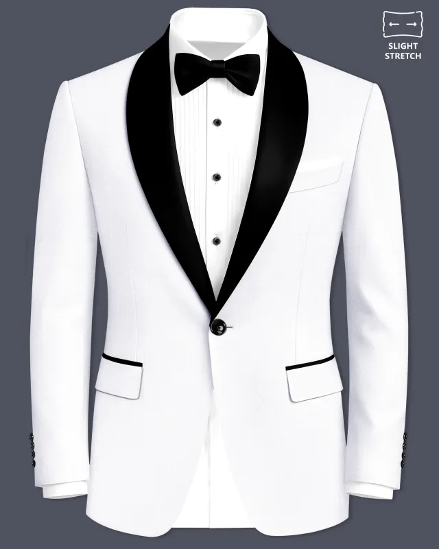 Porcelain-Bright White Diamond Textured Wool Rich Slight Stretch Tuxedo Blazer made by French Crown