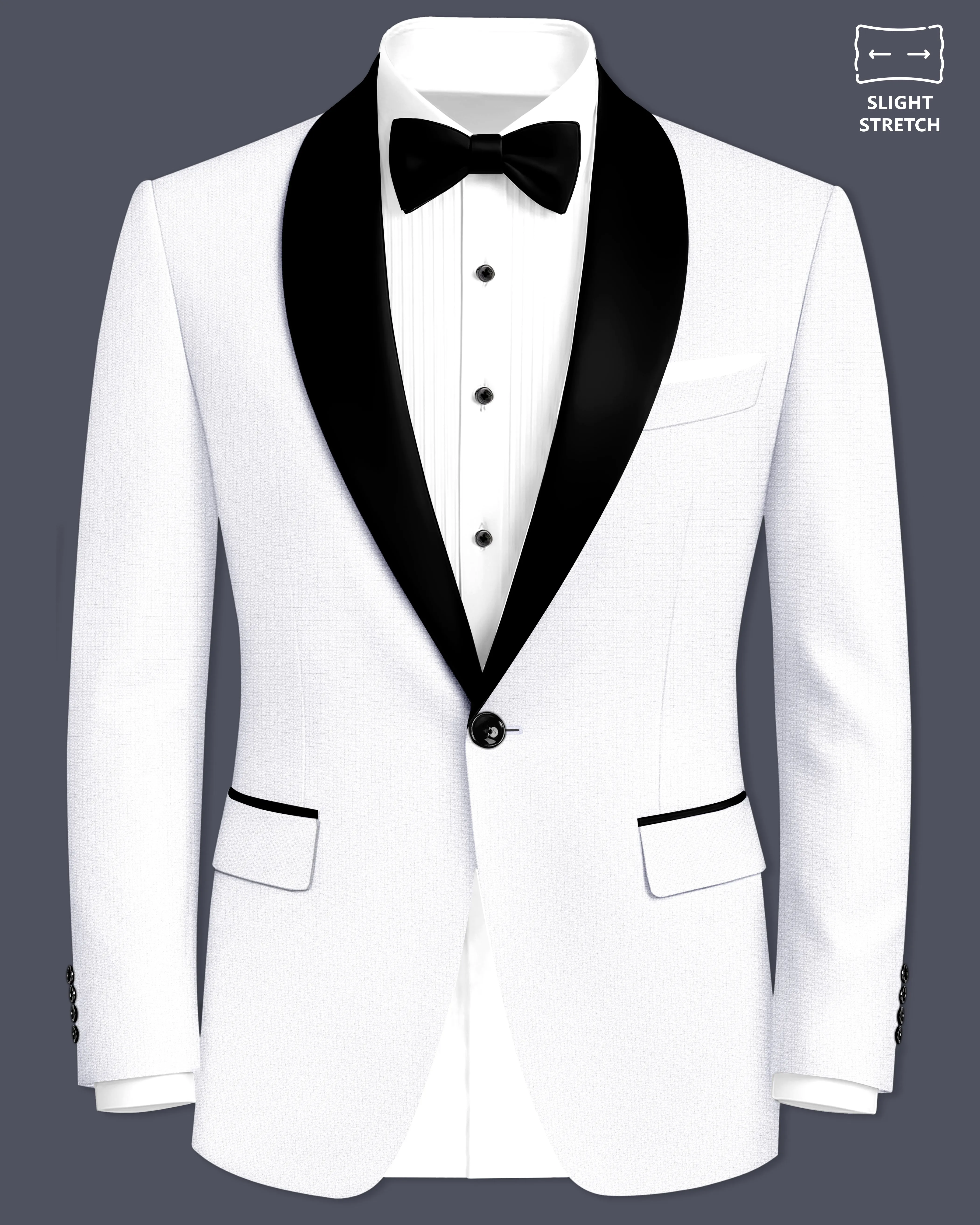 Porcelain-Bright White Diamond Textured Wool Rich Slight Stretch Tuxedo Blazer sold by French Crown