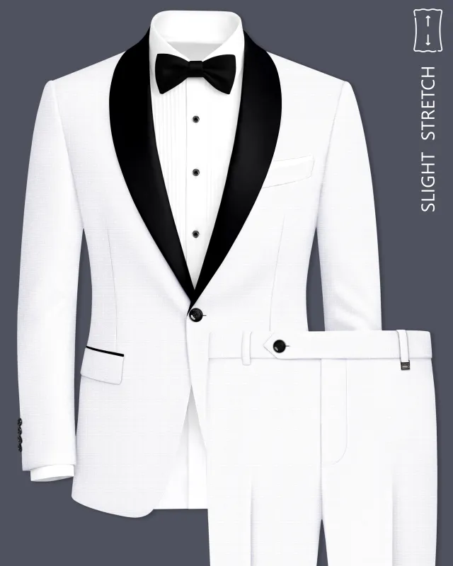 Porcelain-Bright White Diamond Textured Wool Rich Slight Stretch Tuxedo Suit made by French Crown