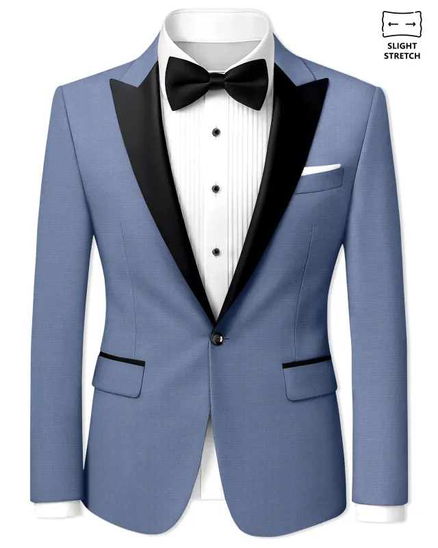 Sapphire-Raven Blue Diamond Textured Wool Rich Slight Stretch Peak Lapel Tuxedo Blazer made by French Crown
