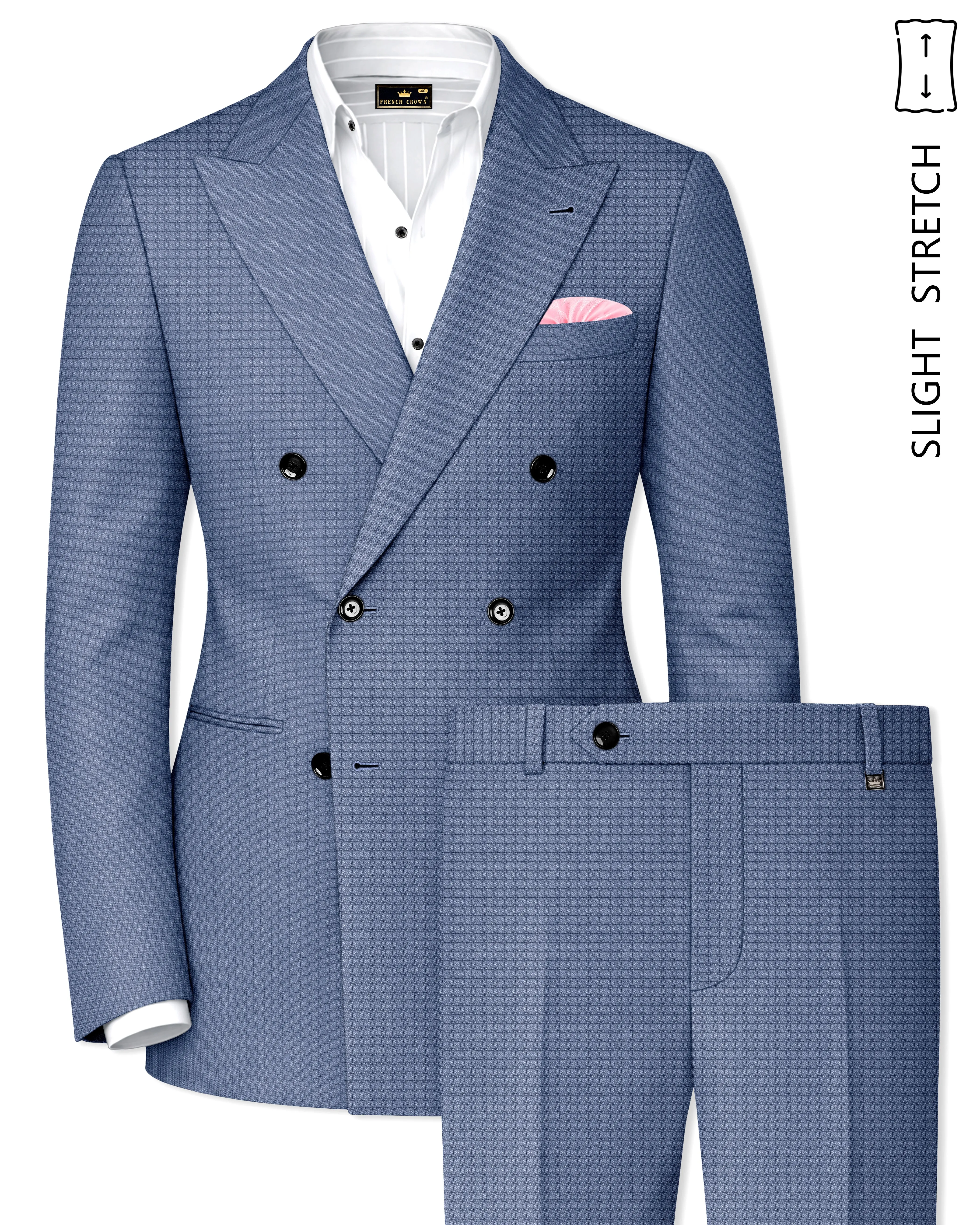 Sapphire-Raven Blue Diamond Textured Wool Rich Slight Stretch Double Breasted Suit sold by French Crown