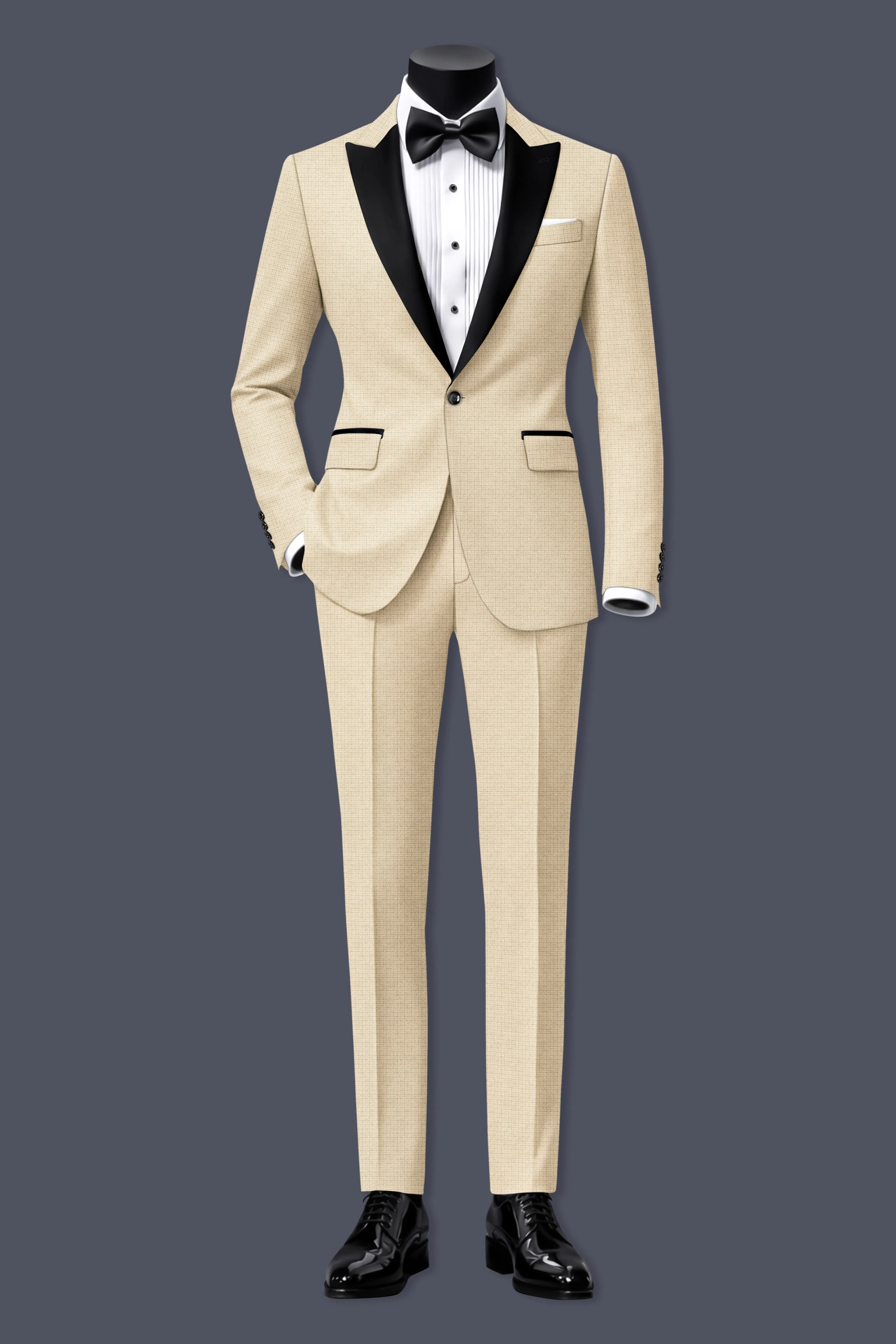 Alabaster-Vanilla Cream Diamond Textured Wool Rich Slight Stretch Peak Lapel Tuxedo Suit sold by French Crown product image thumbnail 4
