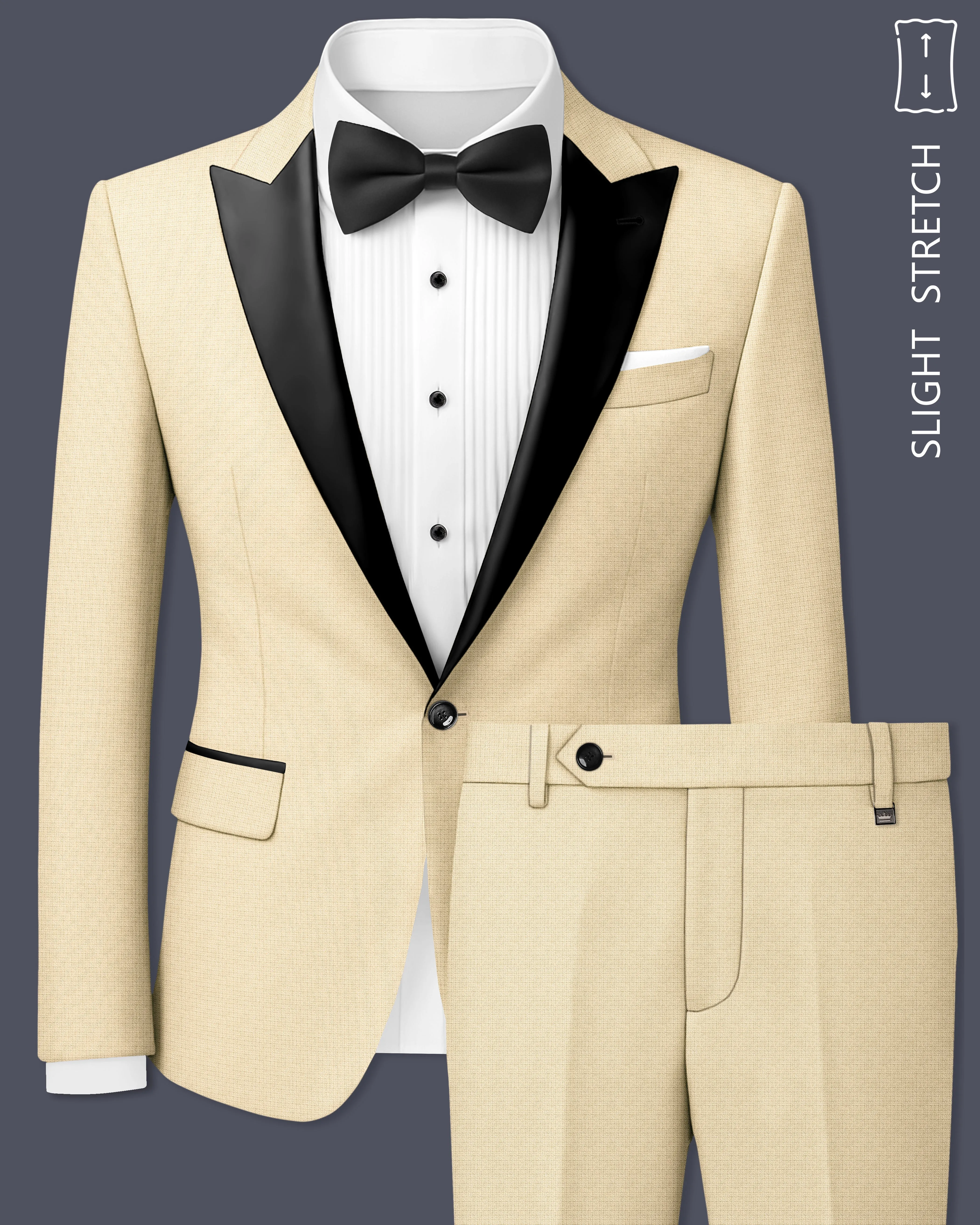 Alabaster-Vanilla Cream Diamond Textured Wool Rich Slight Stretch Peak Lapel Tuxedo Suit sold by French Crown
