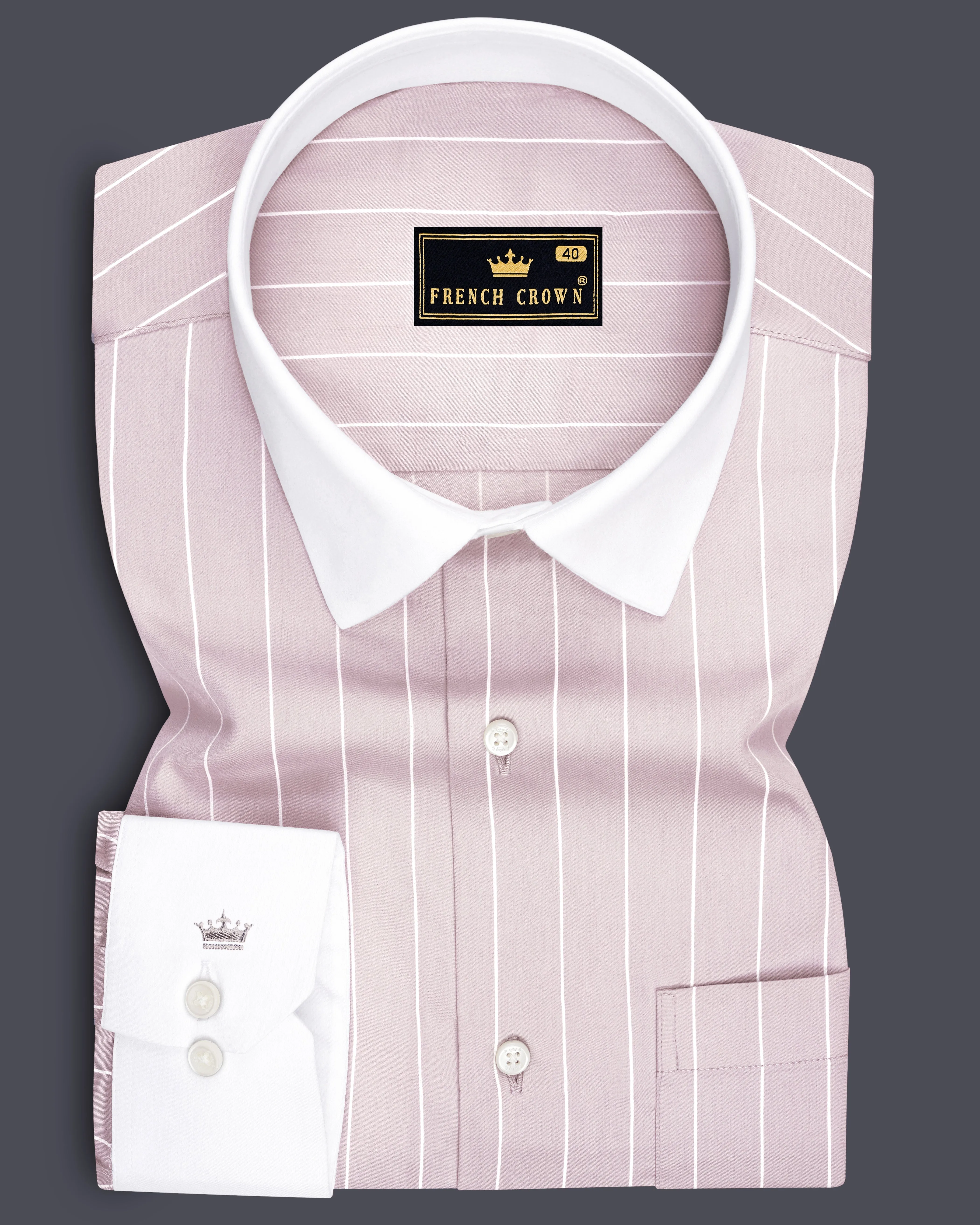 Veyron-Fantasy Gray and Bright White Pin Striped Subtle Sheen Super Premium Cotton White Cuff Collar Dress Shirt sold by French Crown