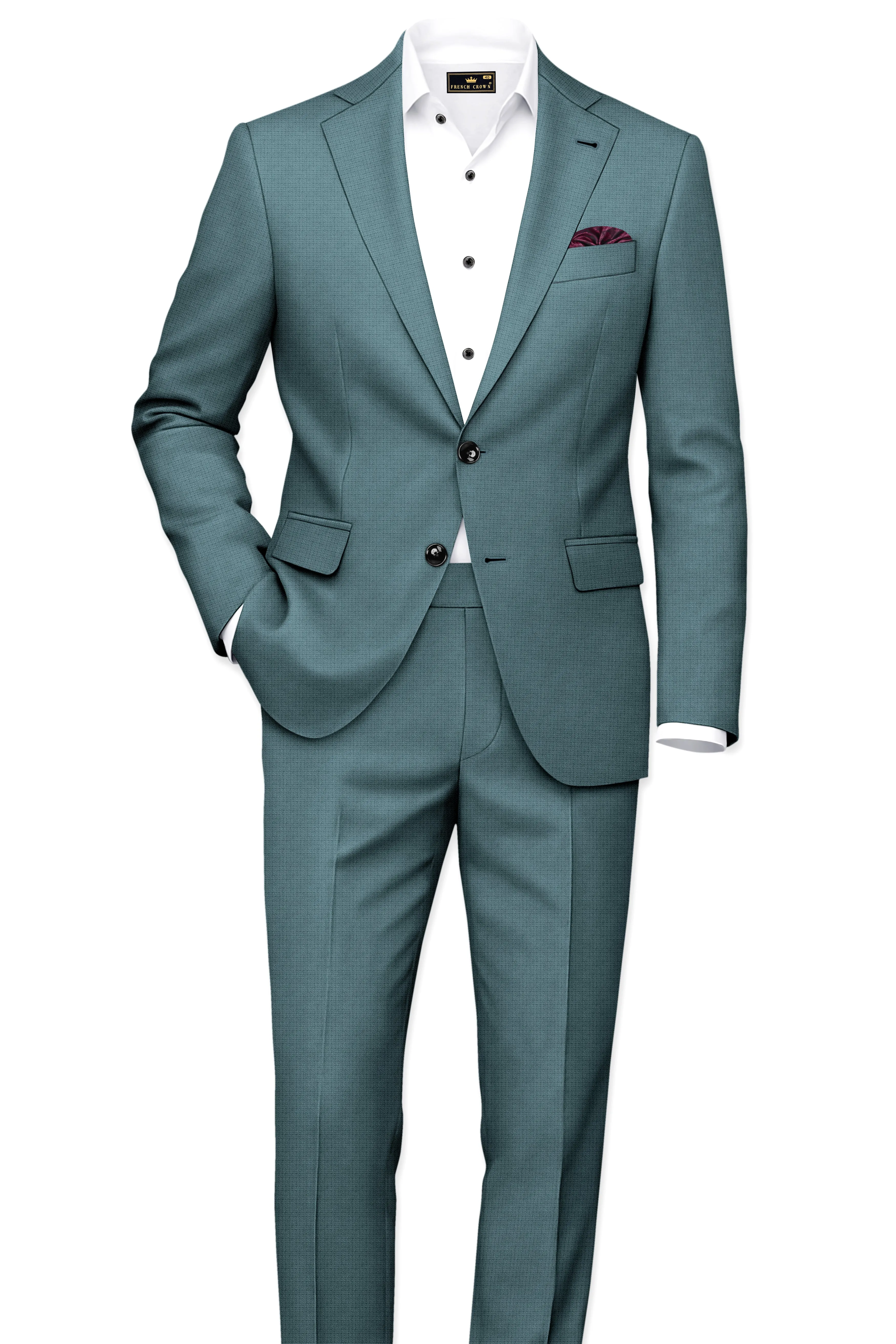 Viridian-Beetle Green Diamond Textured Wool Rich Slight Stretch Single Breasted Suit sold by French Crown product image thumbnail 4