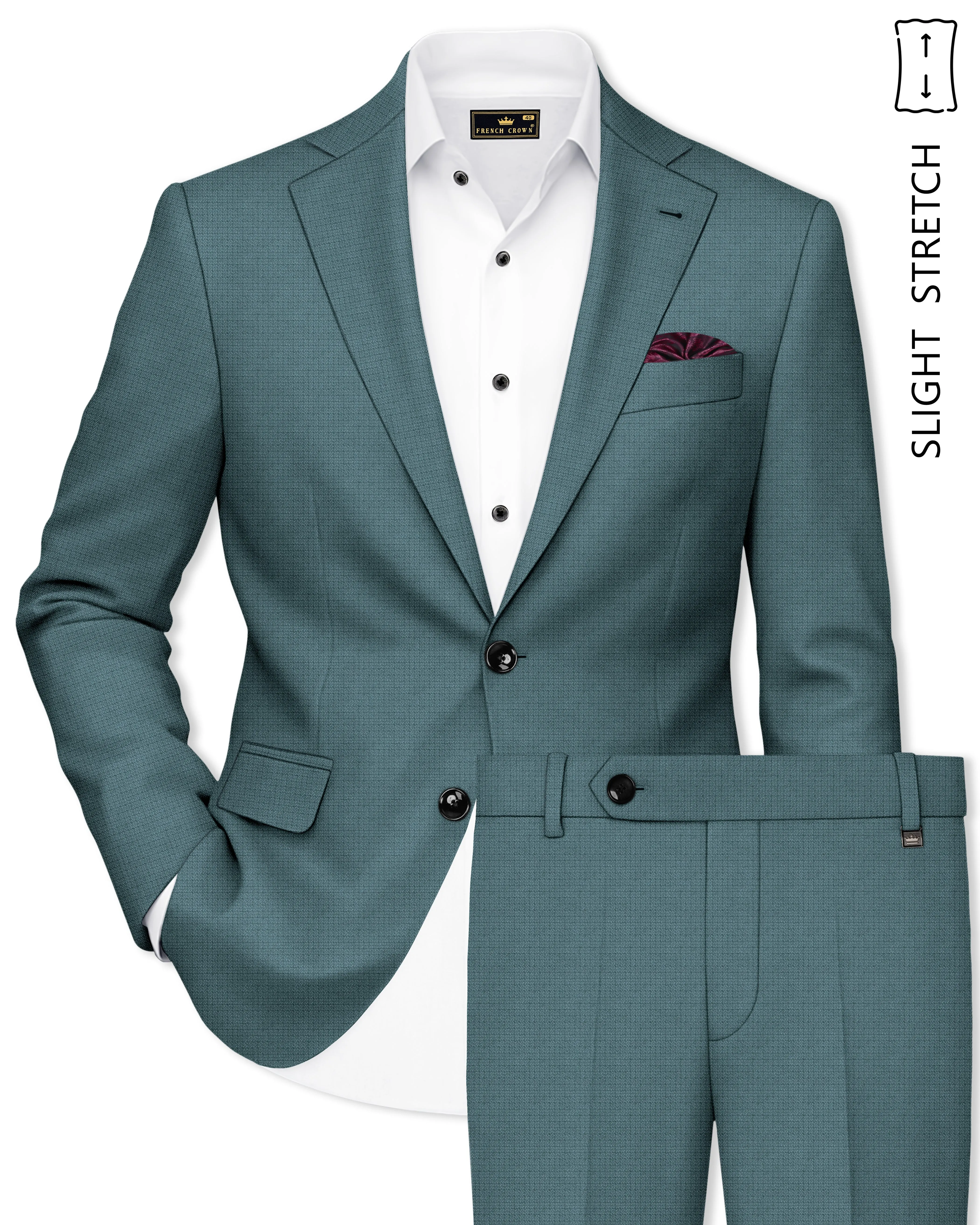 Viridian-Beetle Green Diamond Textured Wool Rich Slight Stretch Single Breasted Suit sold by French Crown