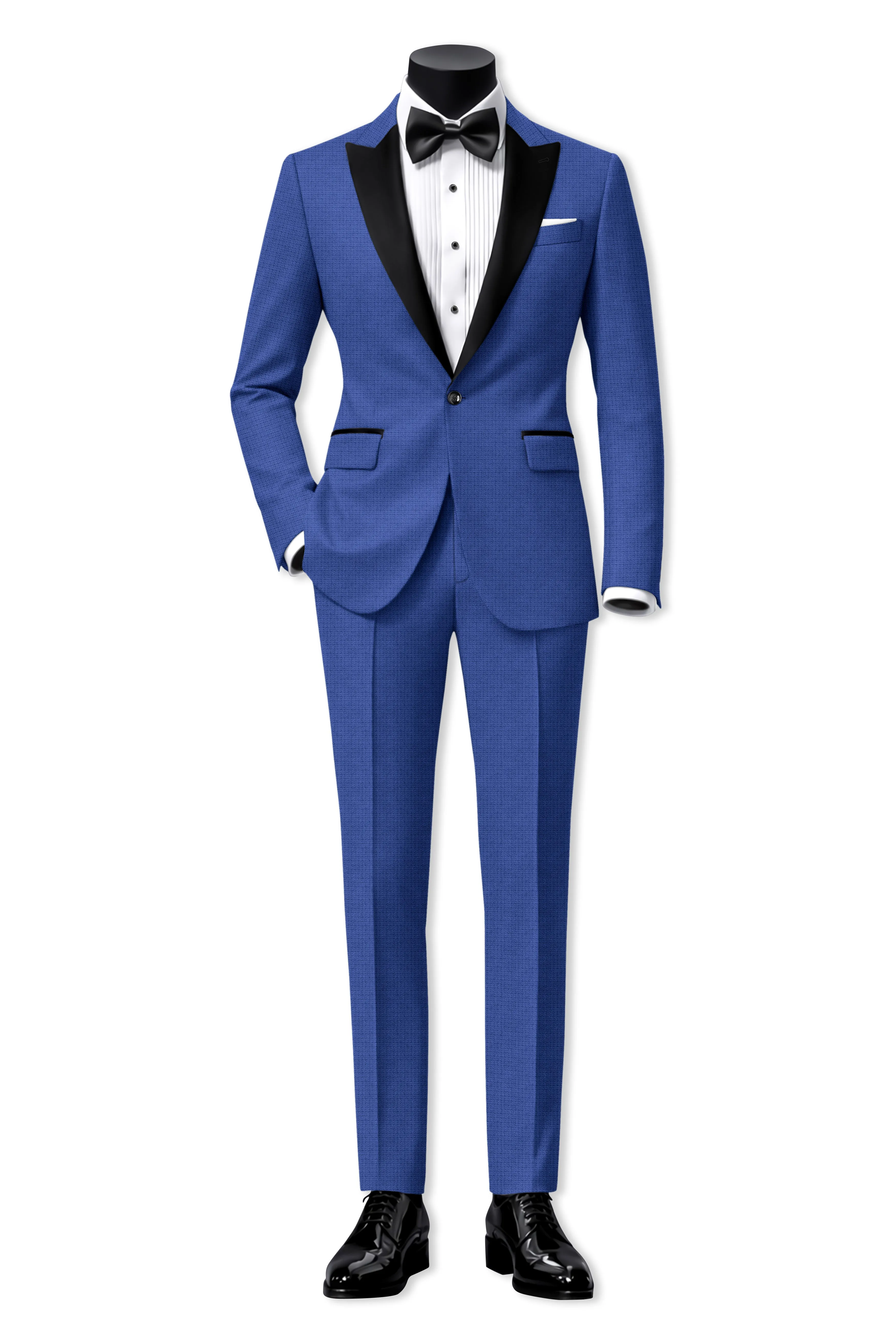 Aurelio-Chambray Blue Diamond Textured Wool Rich Slight Stretch Peak Lapel Tuxedo Suit sold by French Crown product image thumbnail 4