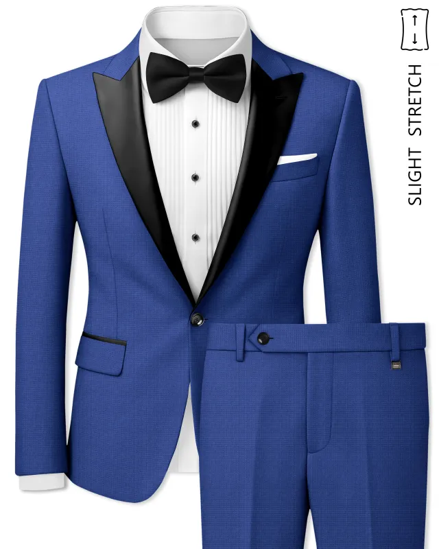 Aurelio-Chambray Blue Diamond Textured Wool Rich Slight Stretch Peak Lapel Tuxedo Suit made by French Crown