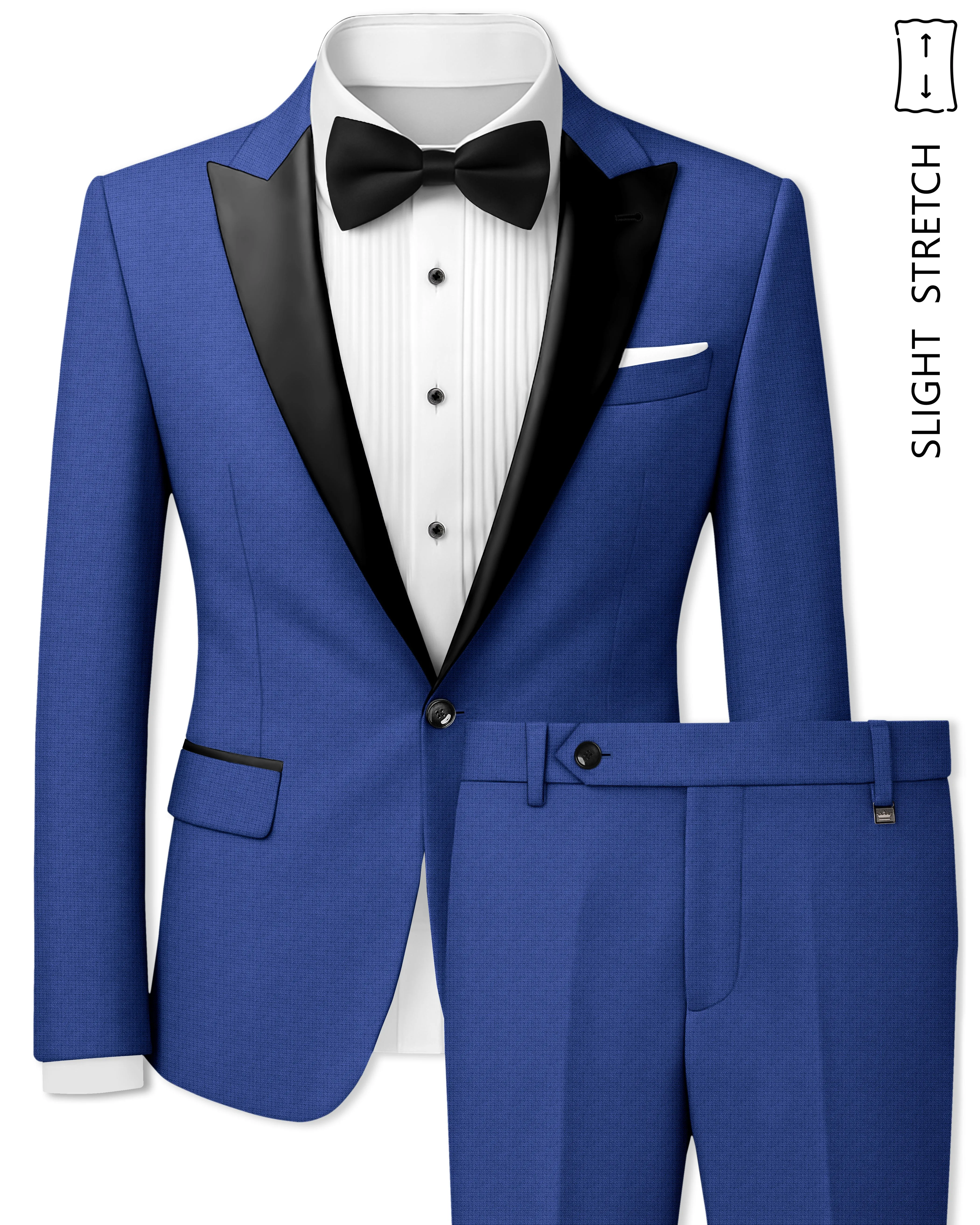 Aurelio-Chambray Blue Diamond Textured Wool Rich Slight Stretch Peak Lapel Tuxedo Suit sold by French Crown