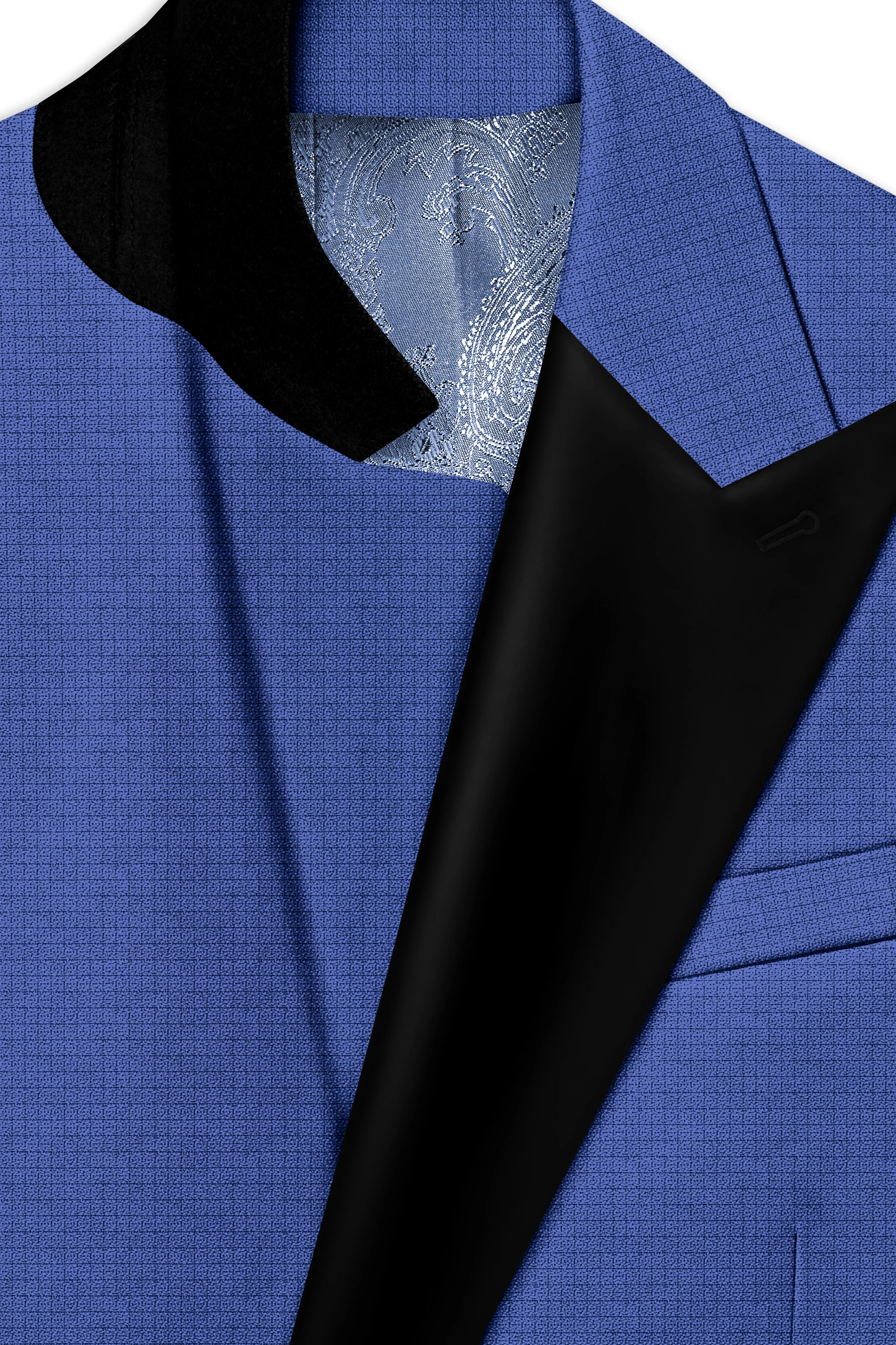 Aurelio-Chambray Blue Diamond Textured Wool Rich Slight Stretch Peak Lapel Tuxedo Suit sold by French Crown product image thumbnail 5