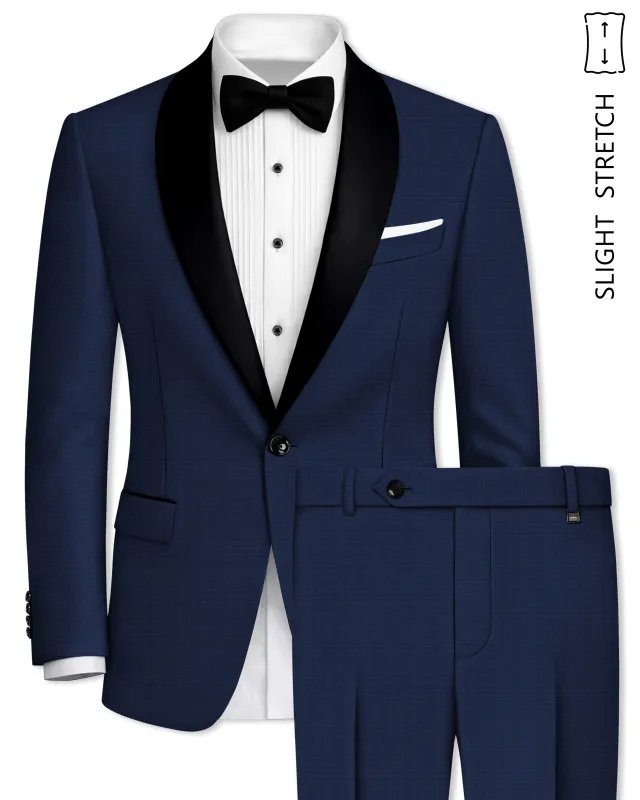Regent-Ebony Blue Diamond Textured Wool Rich Slight Stretch Tuxedo Suit made by French Crown