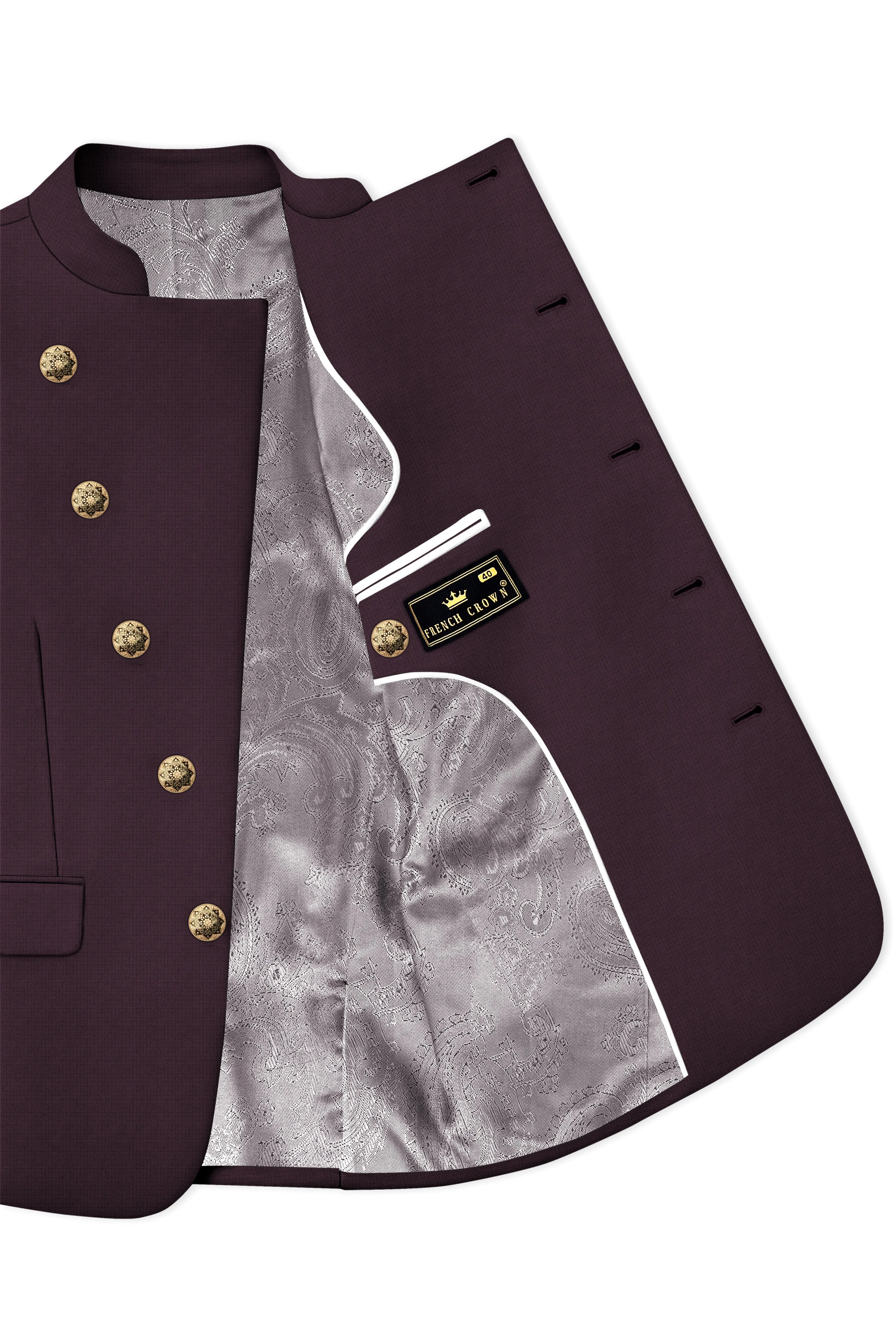 Velaris-Thunder Purple Diamond Textured Wool Rich Slight Stretch Cross Placket Bandhgala Suit sold by French Crown product image thumbnail 5