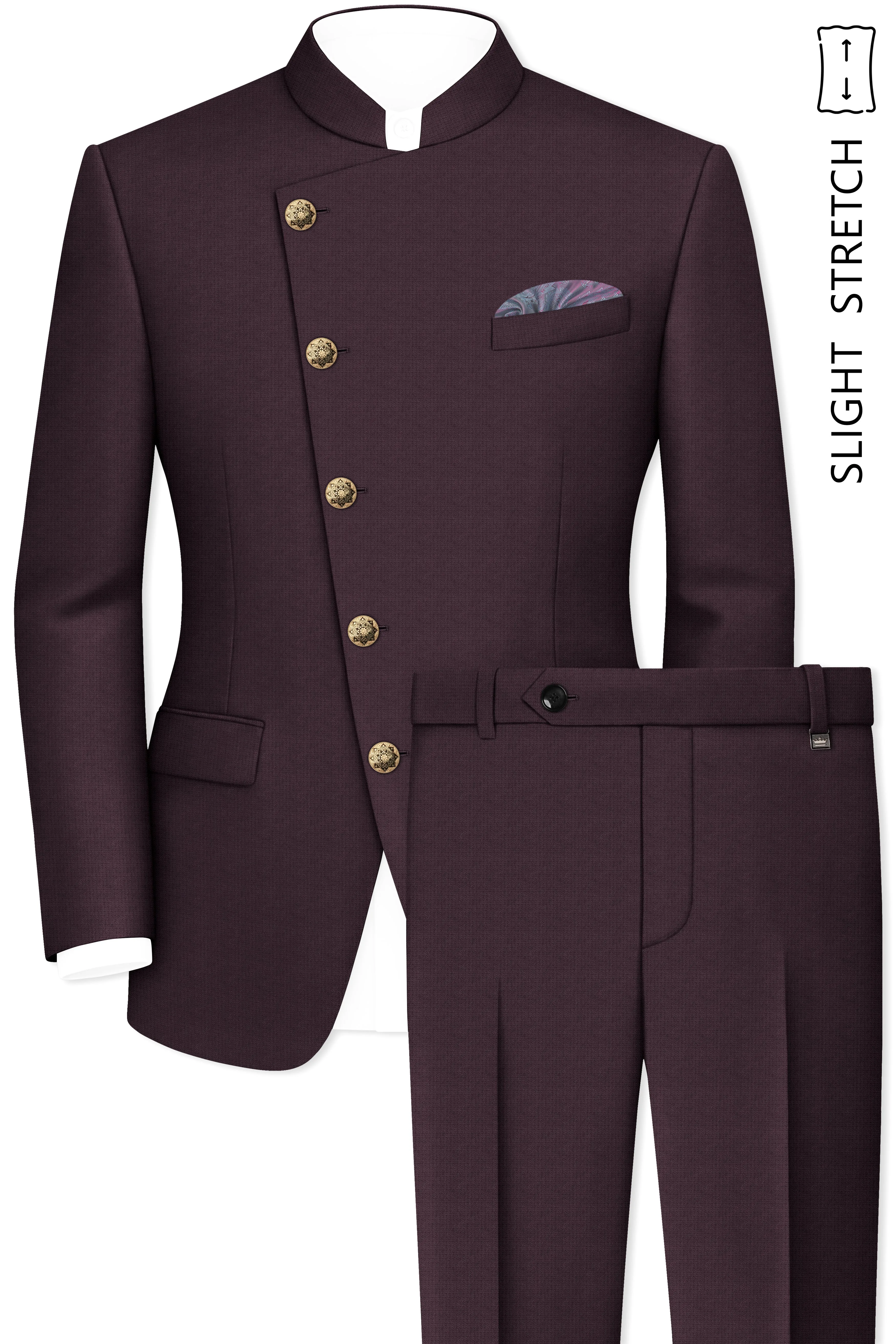 Velaris-Thunder Purple Diamond Textured Wool Rich Slight Stretch Cross Placket Bandhgala Suit sold by French Crown product image thumbnail 2