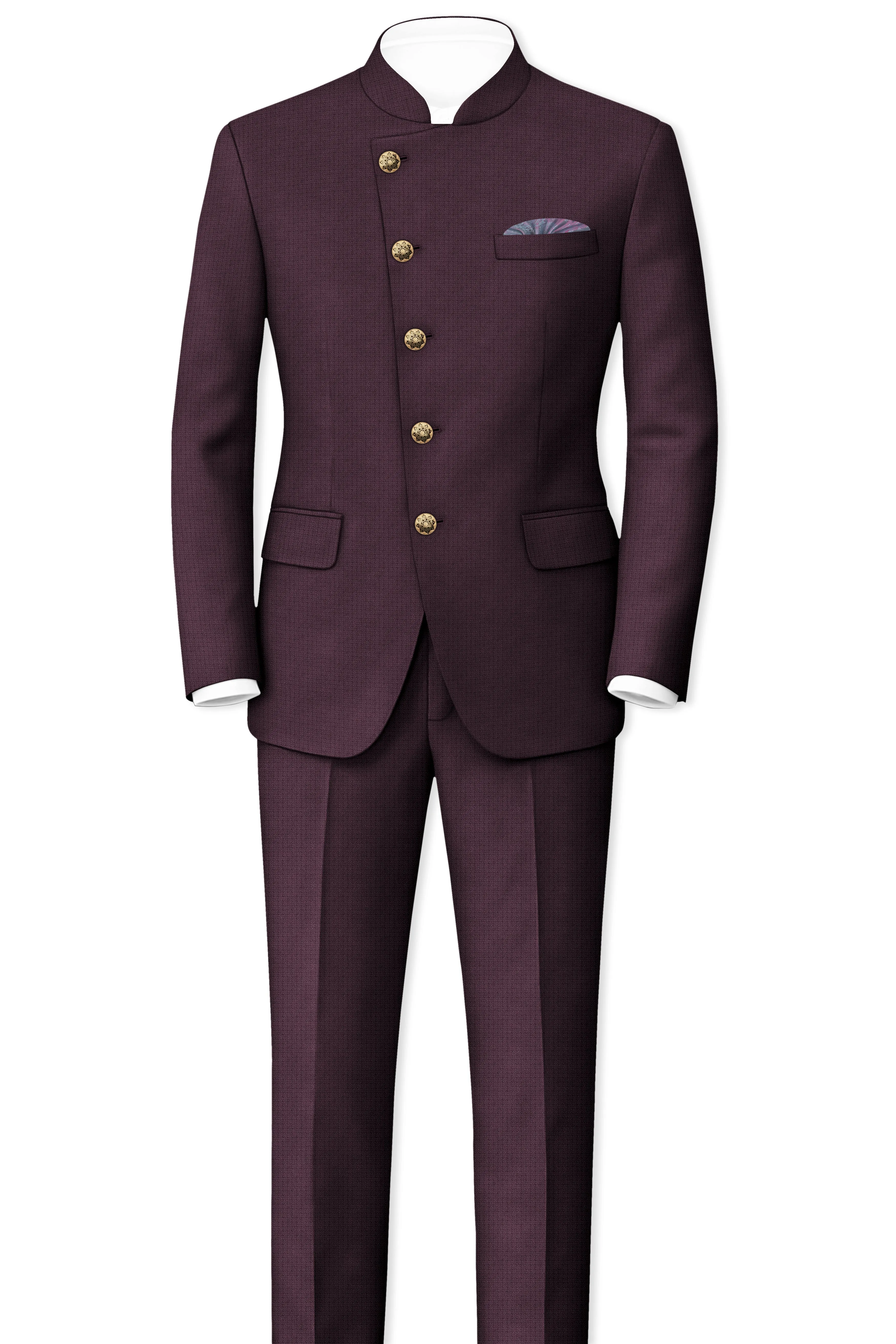 Velaris-Thunder Purple Diamond Textured Wool Rich Slight Stretch Cross Placket Bandhgala Suit sold by French Crown product image thumbnail 4