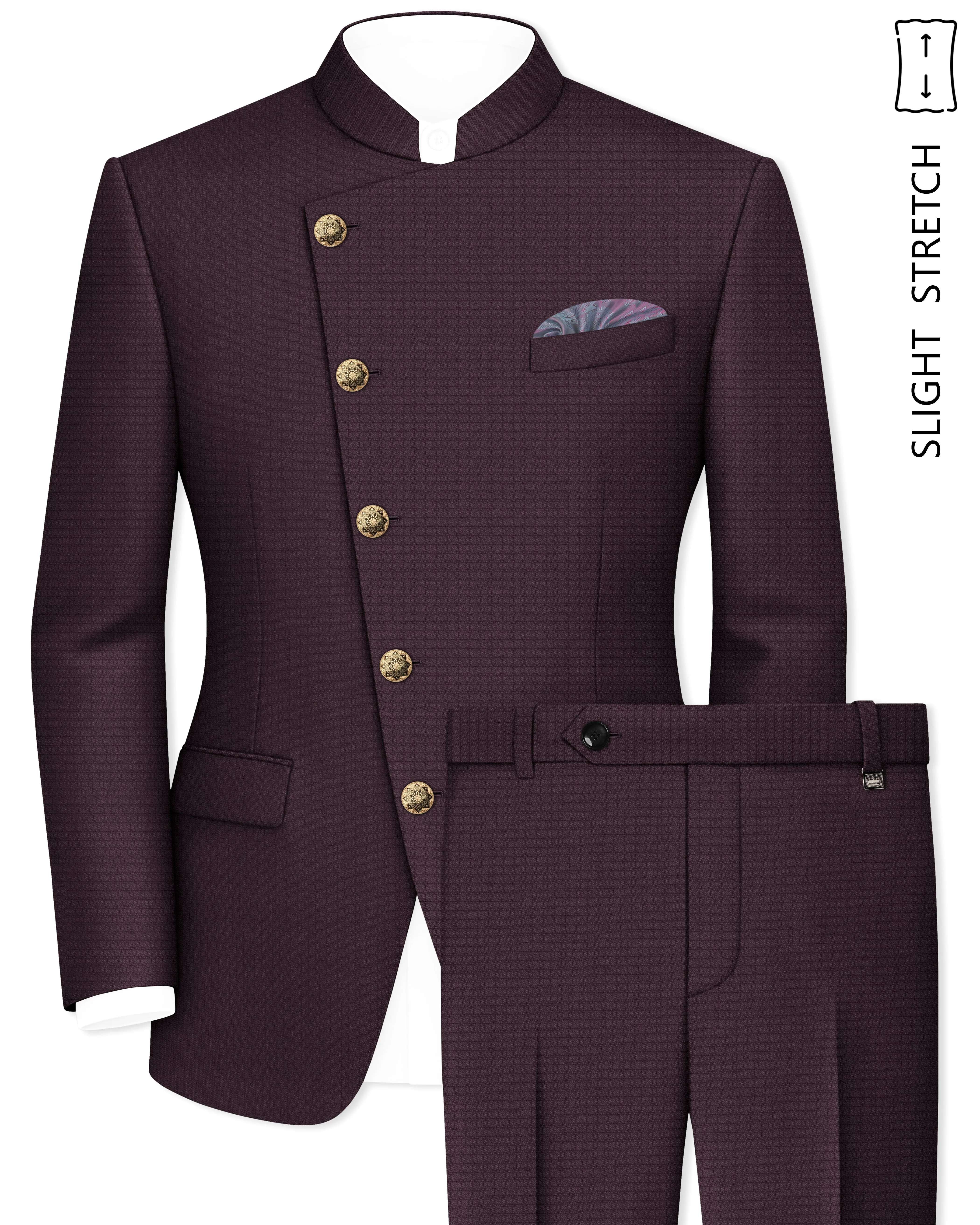 Velaris-Thunder Purple Diamond Textured Wool Rich Slight Stretch Cross Placket Bandhgala Suit sold by French Crown