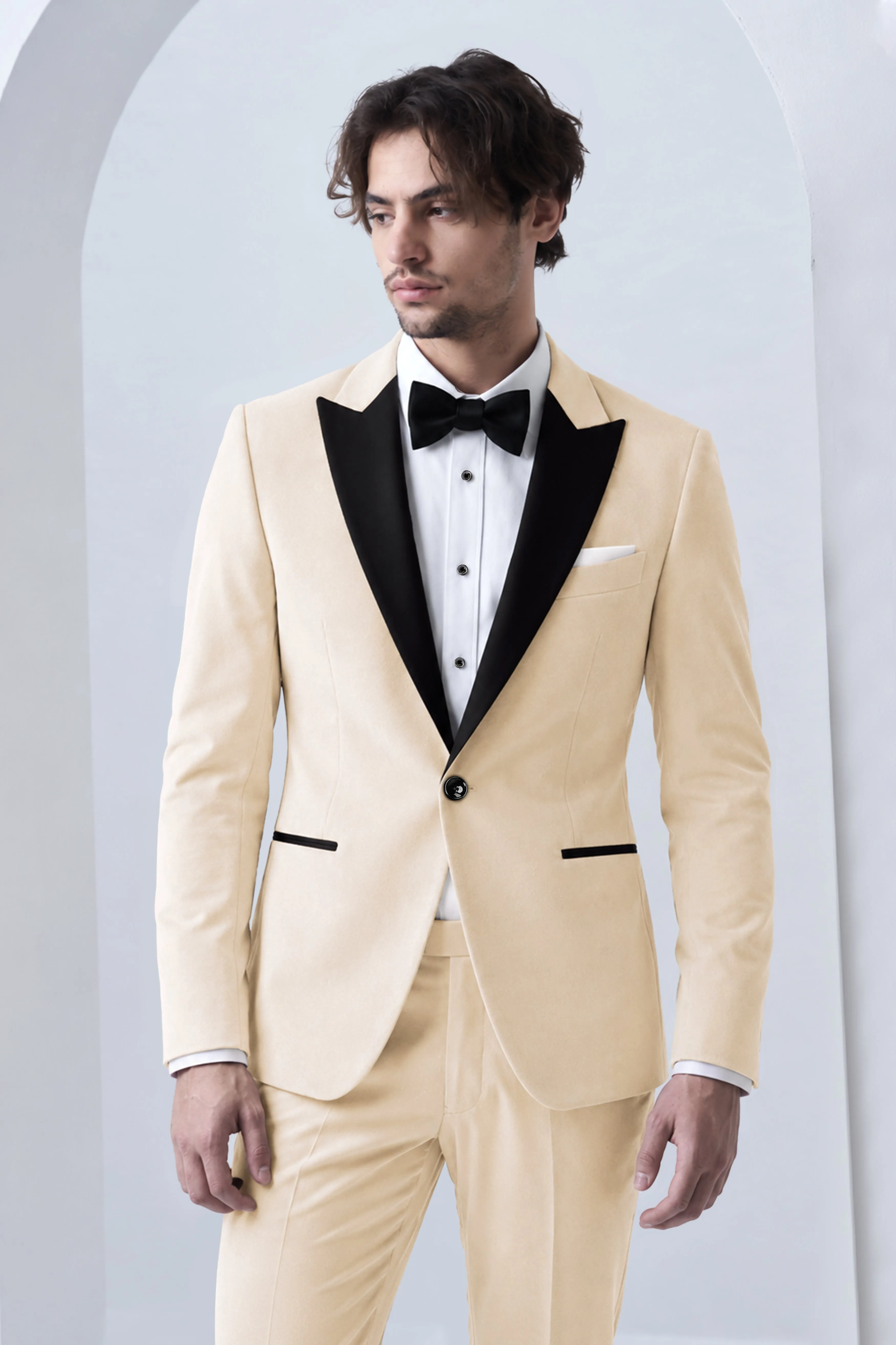Opaline-Off White Velvet Peak Lapel Tuxedo Blazer sold by French Crown product image thumbnail 4