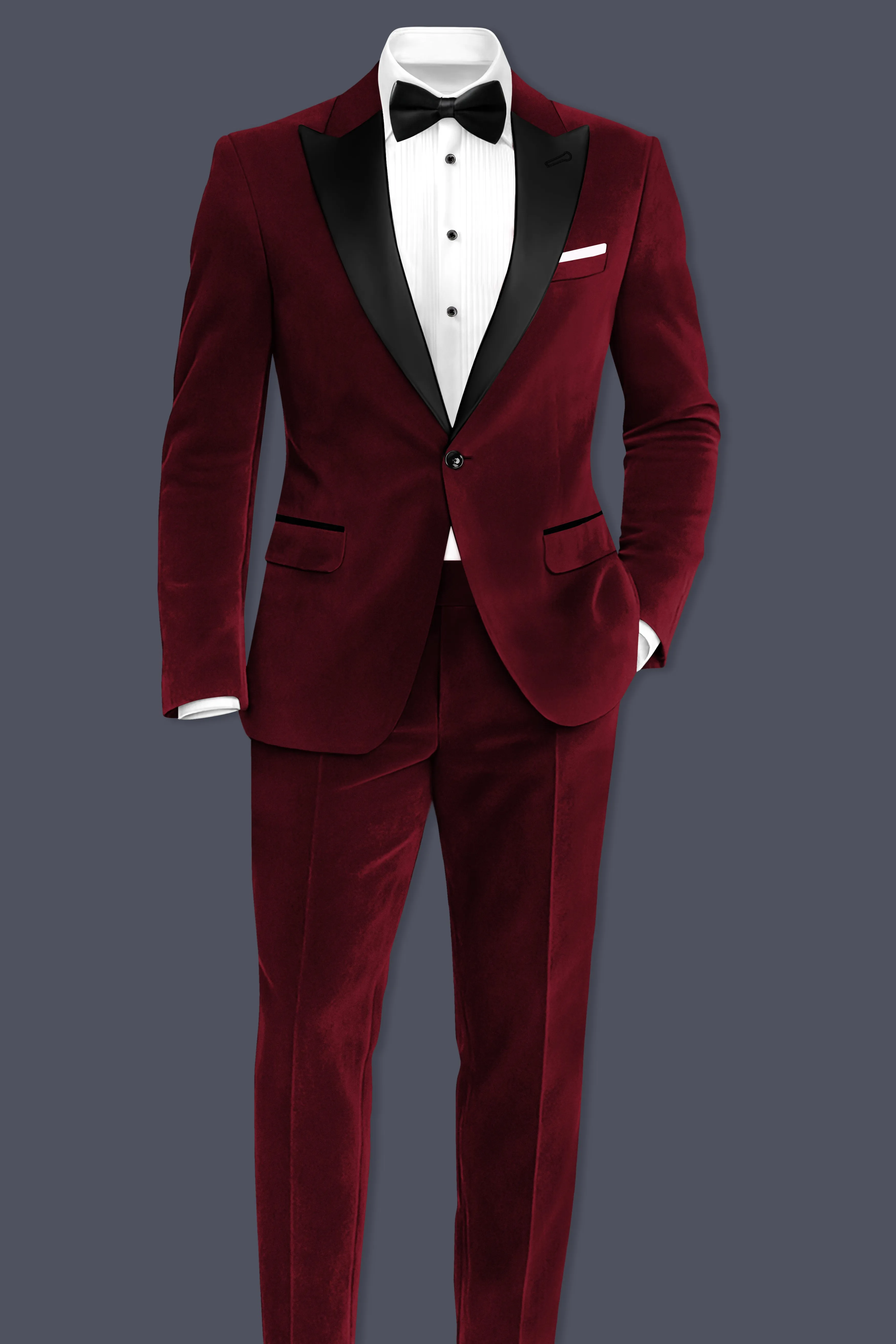 Aurelio-Aubergine Red Velvet Peak Lapel Tuxedo Suit sold by French Crown product image thumbnail 5