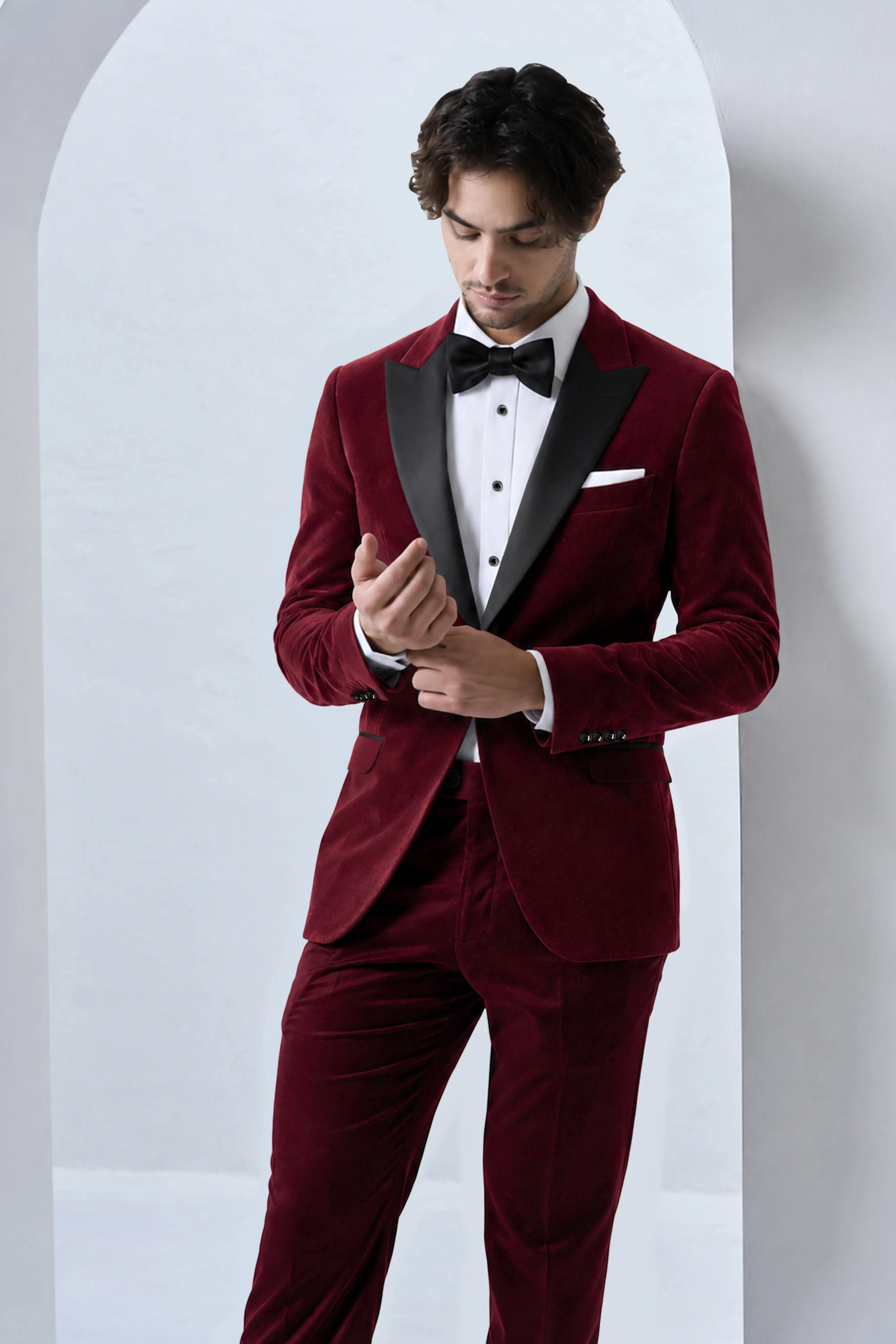 Aurelio-Aubergine Red Velvet Peak Lapel Tuxedo Suit sold by French Crown product image thumbnail 4