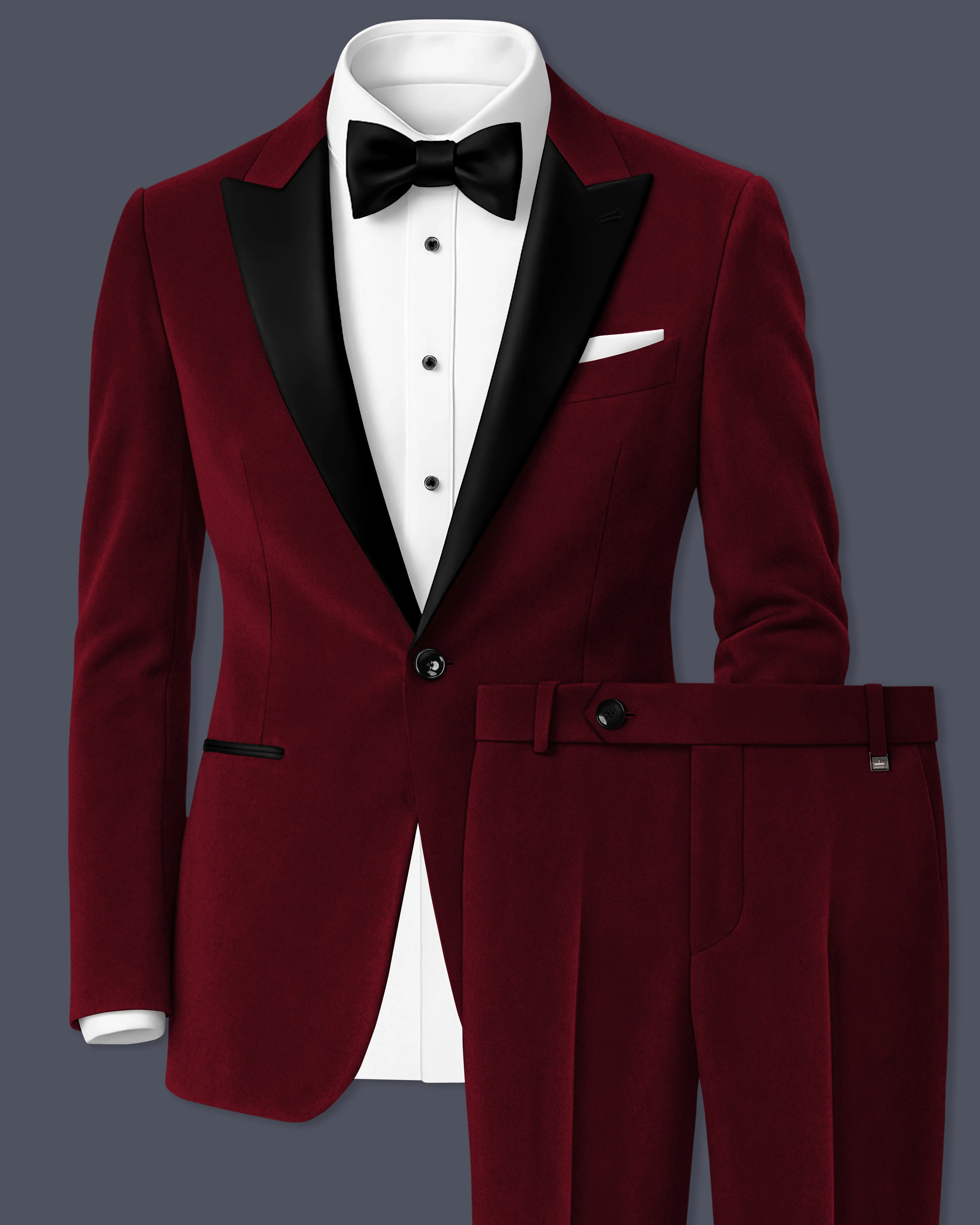 Aurelio-Aubergine Red Velvet Peak Lapel Tuxedo Suit sold by French Crown