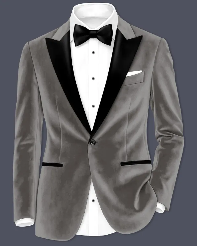 Noir-Chicago Gray Velvet Peak Lapel Tuxedo Blazer made by French Crown