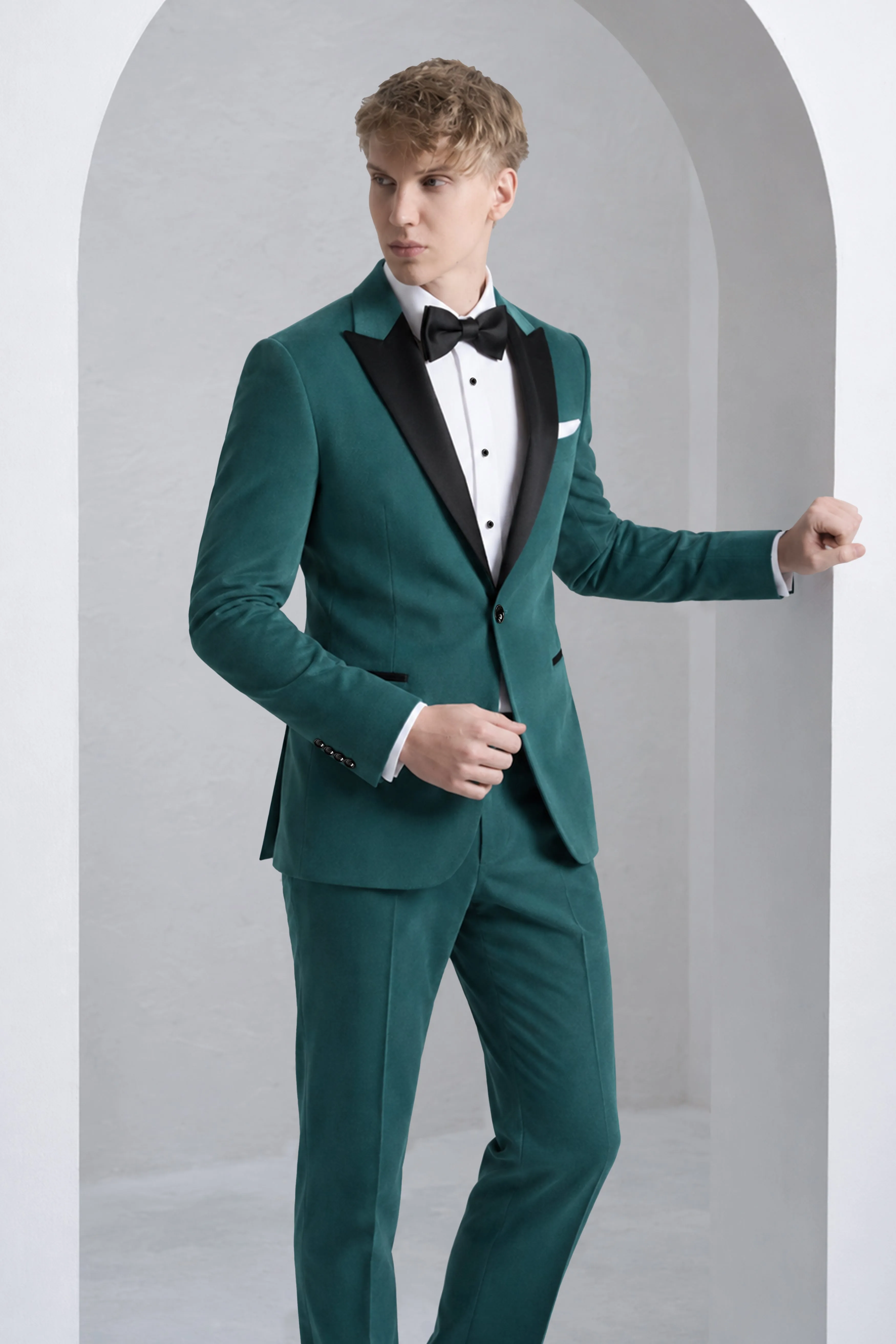 Verdant-Teal Green Velvet Peak Lapel Tuxedo Suit sold by French Crown product image thumbnail 4