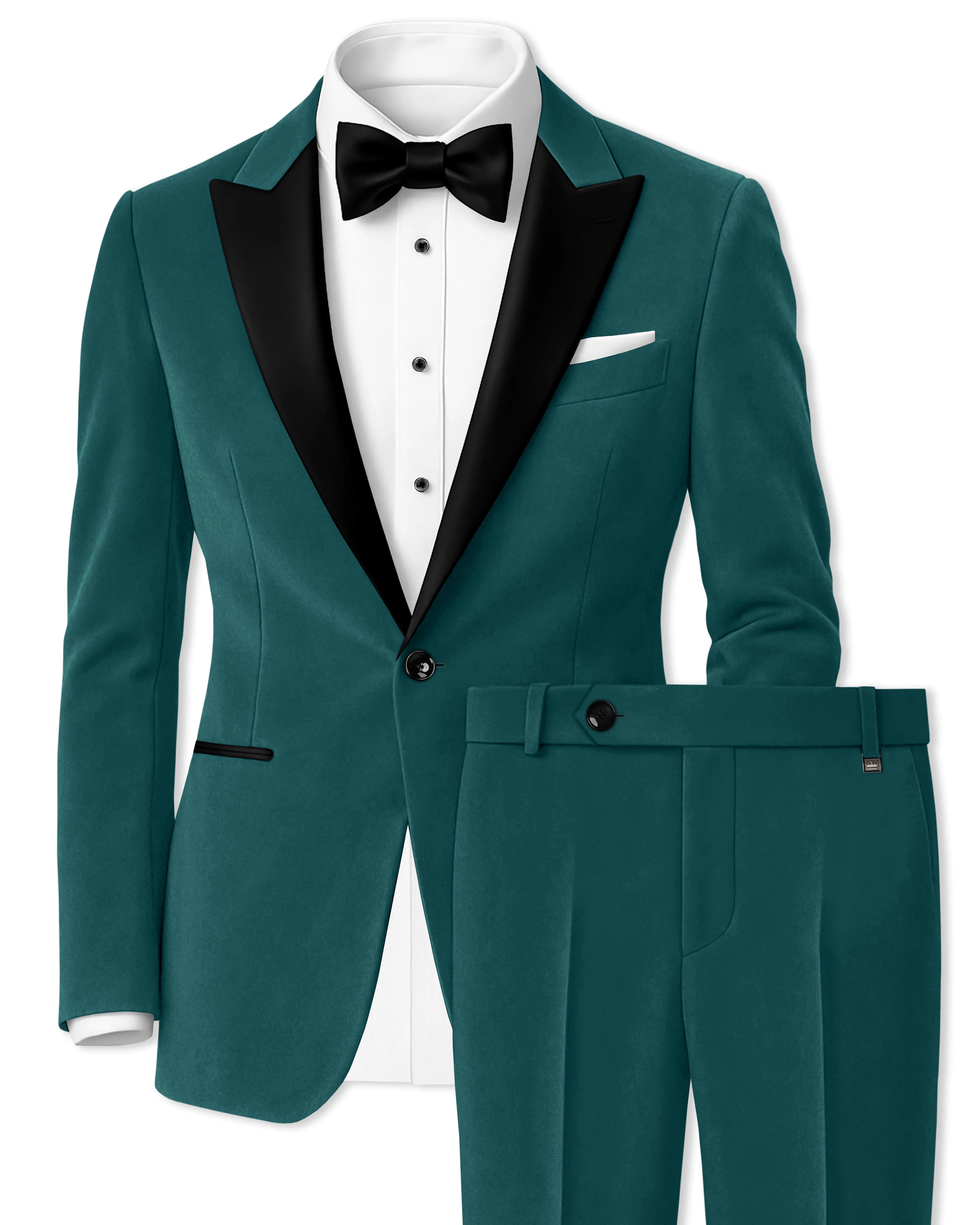Verdant-Teal Green Velvet Peak Lapel Tuxedo Suit sold by French Crown