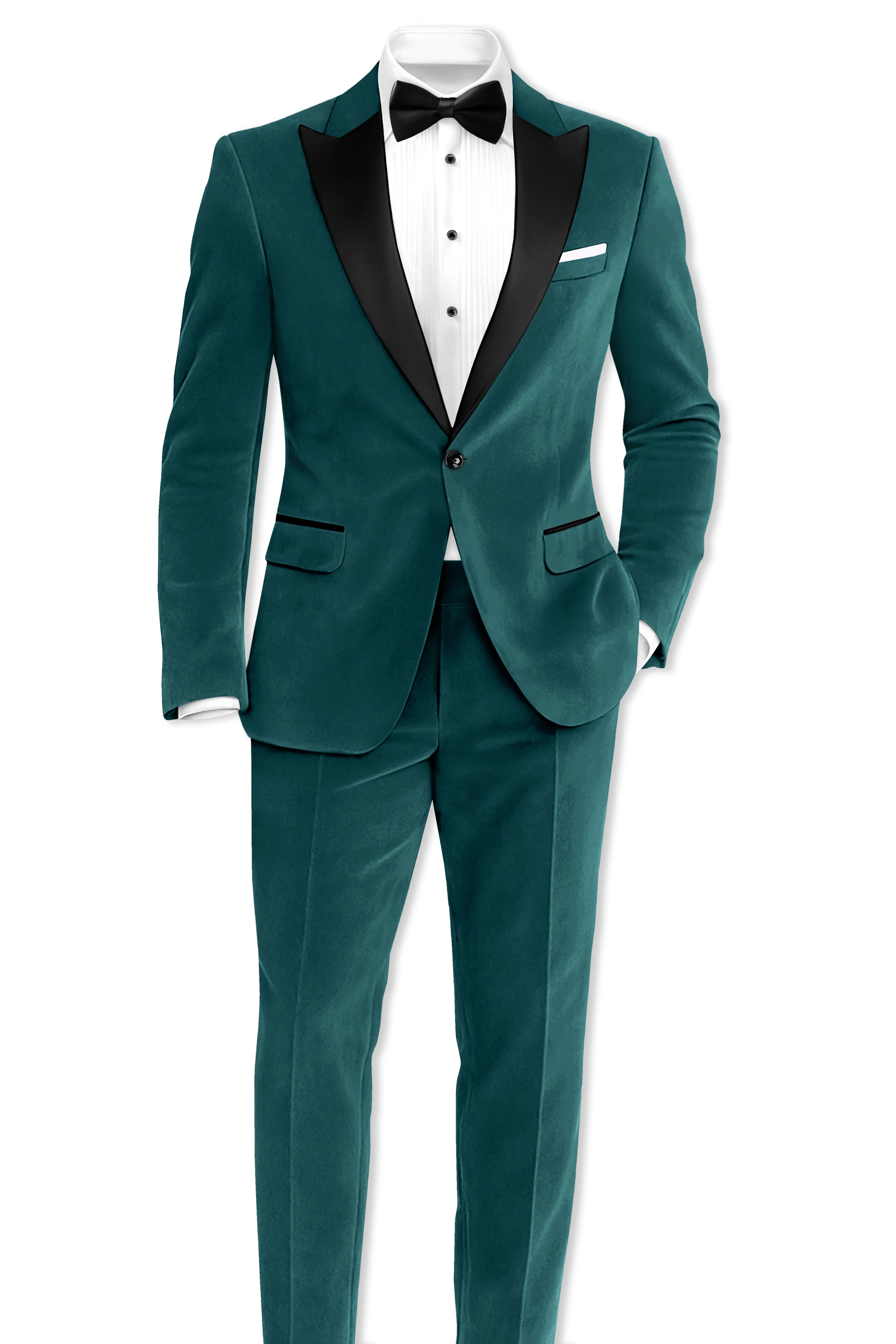 Verdant-Teal Green Velvet Peak Lapel Tuxedo Suit sold by French Crown product image thumbnail 5