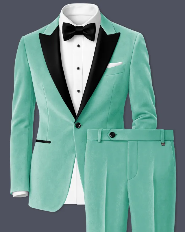 Sapphire-Cyan Blue Velvet Peak Lapel Tuxedo Suit made by French Crown