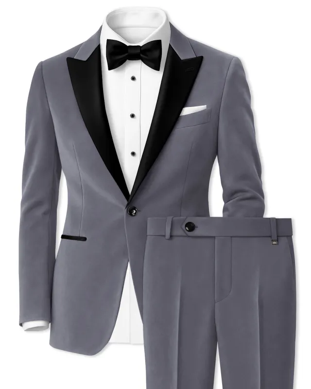 Velluto-Tuna Gray Velvet Peak Lapel Tuxedo Suit made by French Crown