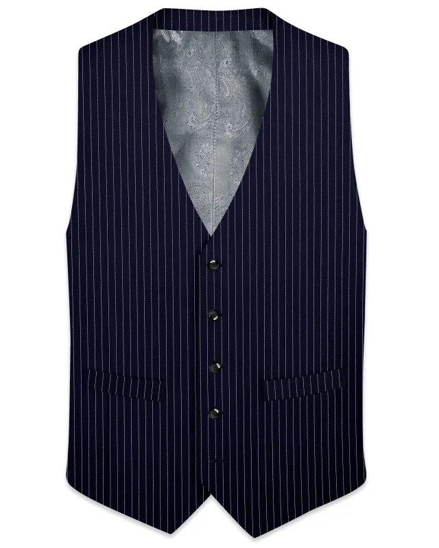 Mariner-Denim Blue And Bright White Chalk Striped Wool Rich Wrinkle-Free Fluid Drape Fabric Waistcoat made by French Crown
