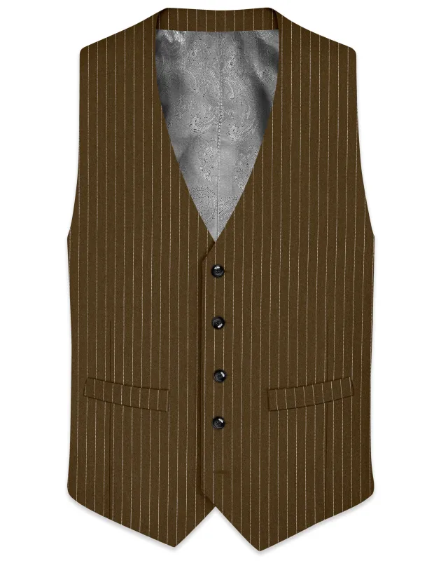 Sable-Antique Brown Chalk Striped Wool Rich Wrinkle-Free Fluid Drape Fabric Waistcoat made by French Crown