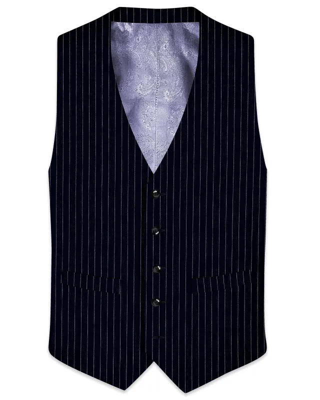 Windsor-Navy Blue Chalk Striped Wool Rich Wrinkle-Free Fluid Drape Fabric Waistcoat made by French Crown
