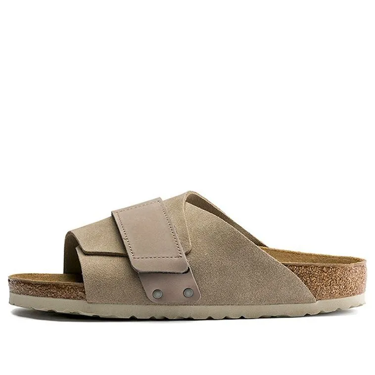 Birkenstock Kyoto Nubuk Leather Narrow Fit Slides ' Taupe' 1015573 sold by KicksCrew