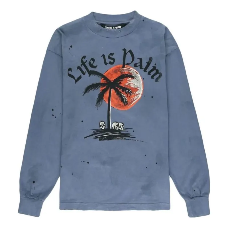 Palm Angels Long Sleeve Sunset Palm Garment Dyed T-Shirt 'Indigo Black' PMAB002F22JER0034910 sold by KicksCrew