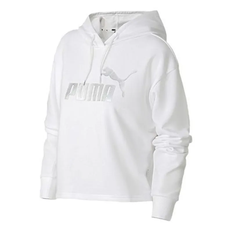 (WMNS) Puma Essentials+ Cropped Metallic Logo Fleece Hoodie 'White Silver' 586922-52 sold by KicksCrew