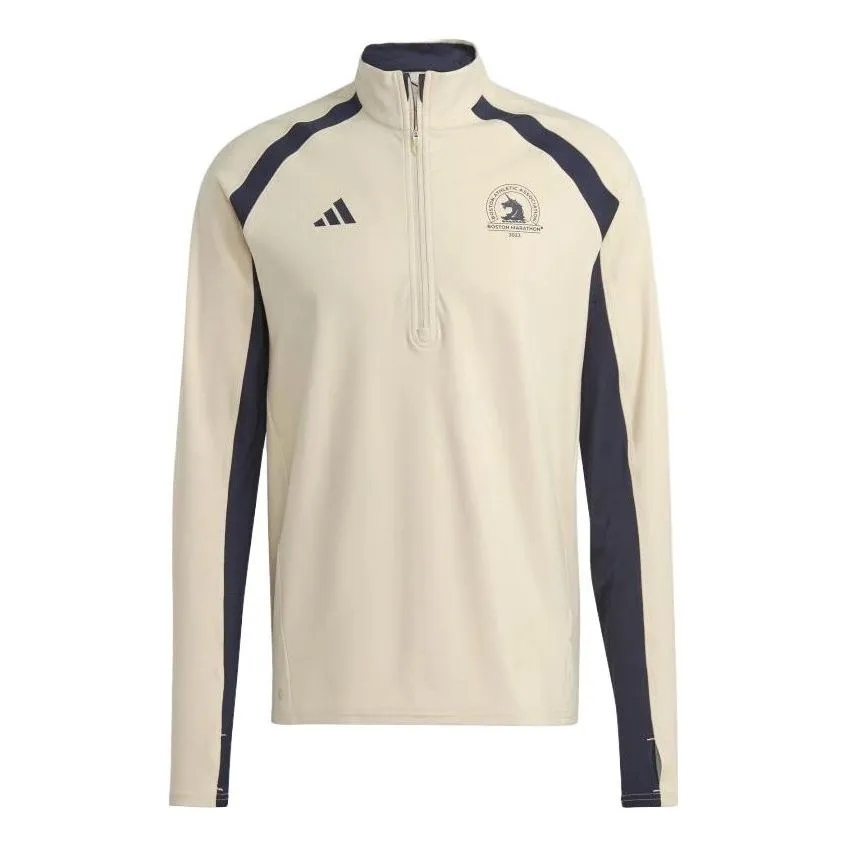 adidas Boston Marathon 1/2-Zip Long Sleeve Running T-Shirt 'Beige Black' HY3259 sold by KicksCrew