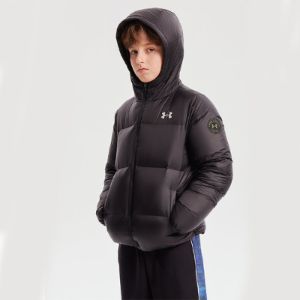 (GS) Under Armour Warm Hooded Short-Length Down Jacket 'White Black' 224210605 sold by KicksCrew